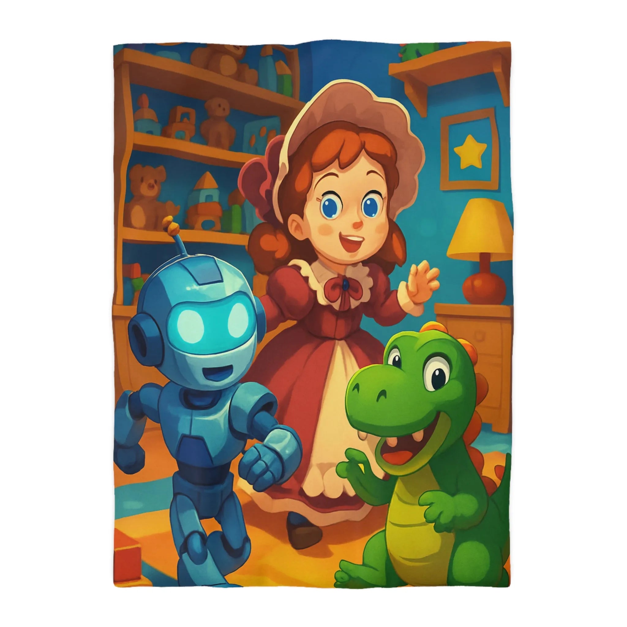 Housse de couette colorée avec robot, dinosaure et poupée en chambre enfantine