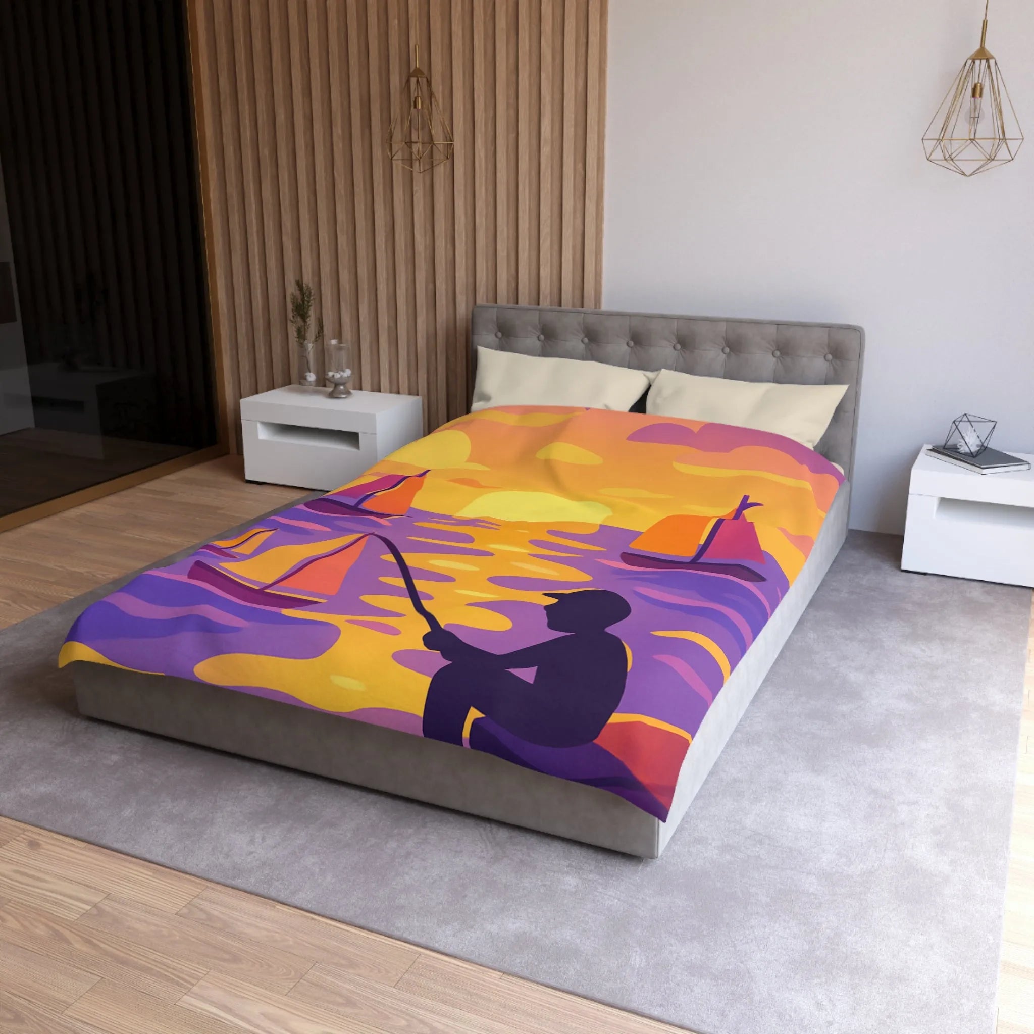 Housse de couette colorée avec voiliers et coucher de soleil magnifique au bord de l'eau