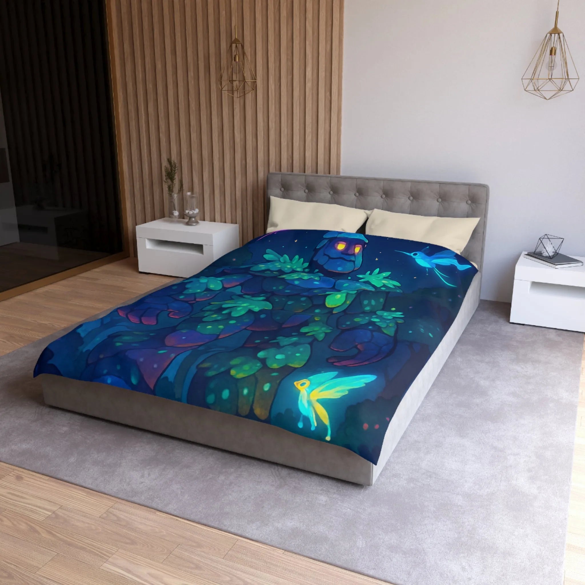 Housse de Couette Féérique avec Golem Lumineux et Fées dans la Forêt Nocturne