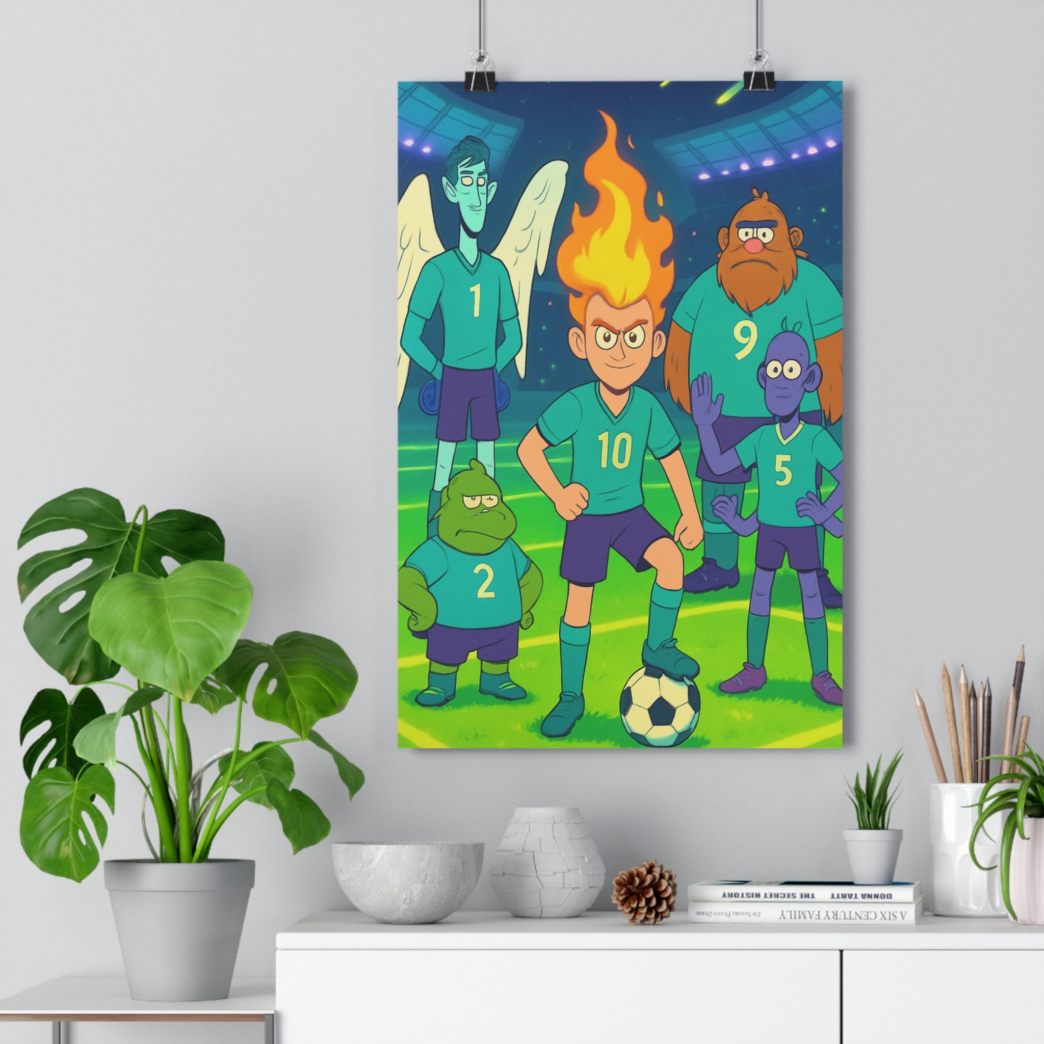 Poster décoratif football fantastique coloré dessin animé futuriste surréaliste chambre enfant aventure créatif vibrant