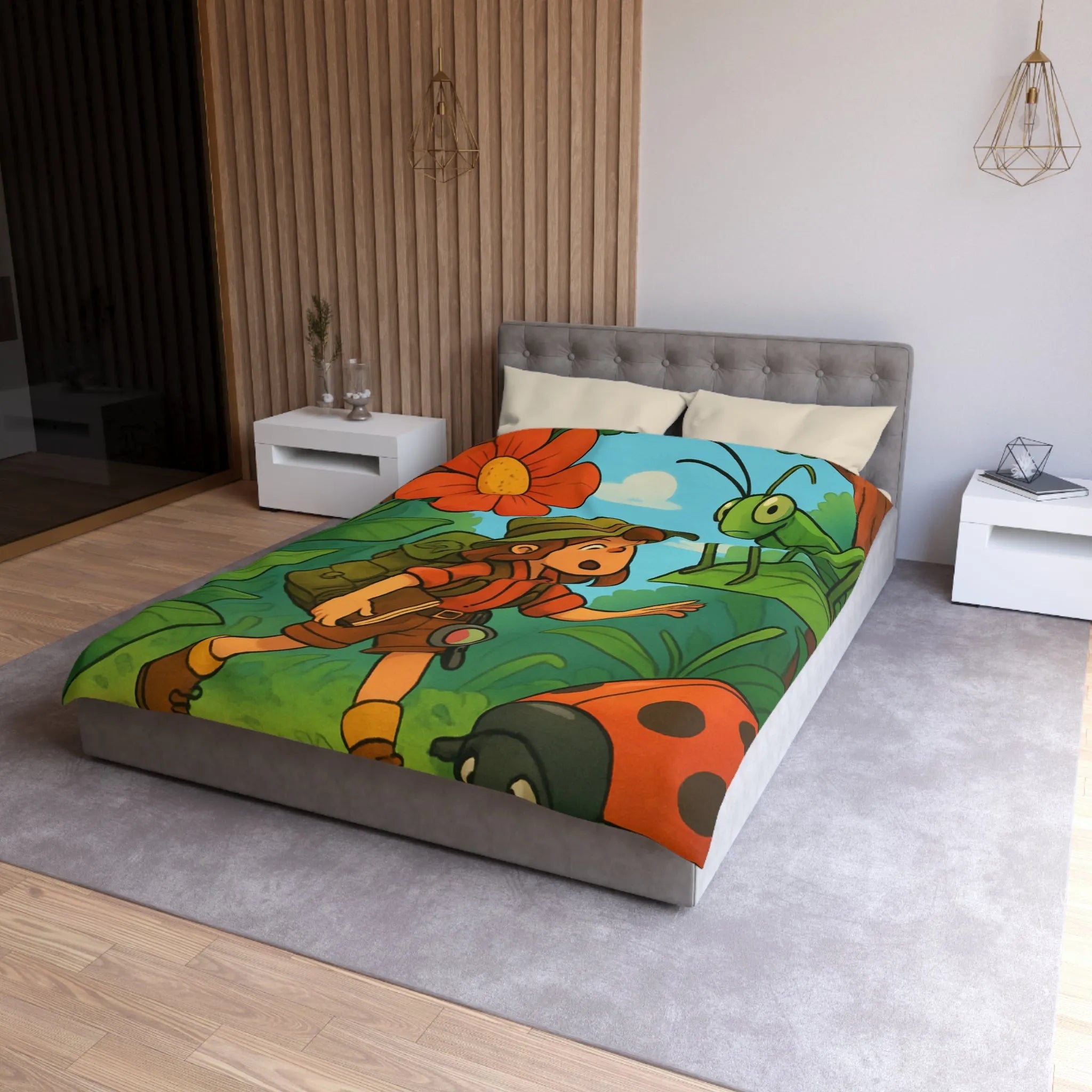 Housse de Couette Enfant Nature avec Exploratrice et Insectes Géants pour Aventure Ludiquement Colorée