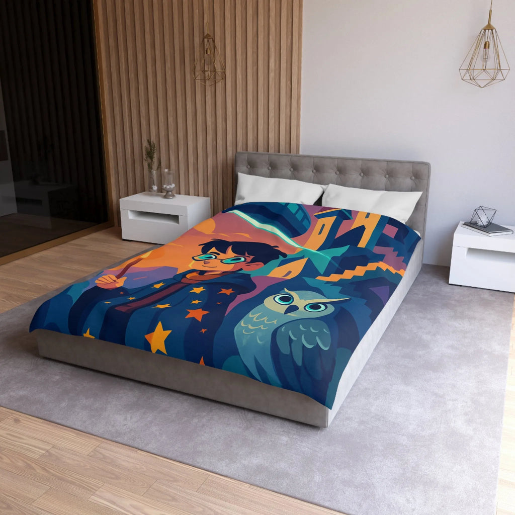 Housse de couette magique avec motif de garçon sorcier et hibou lumineux