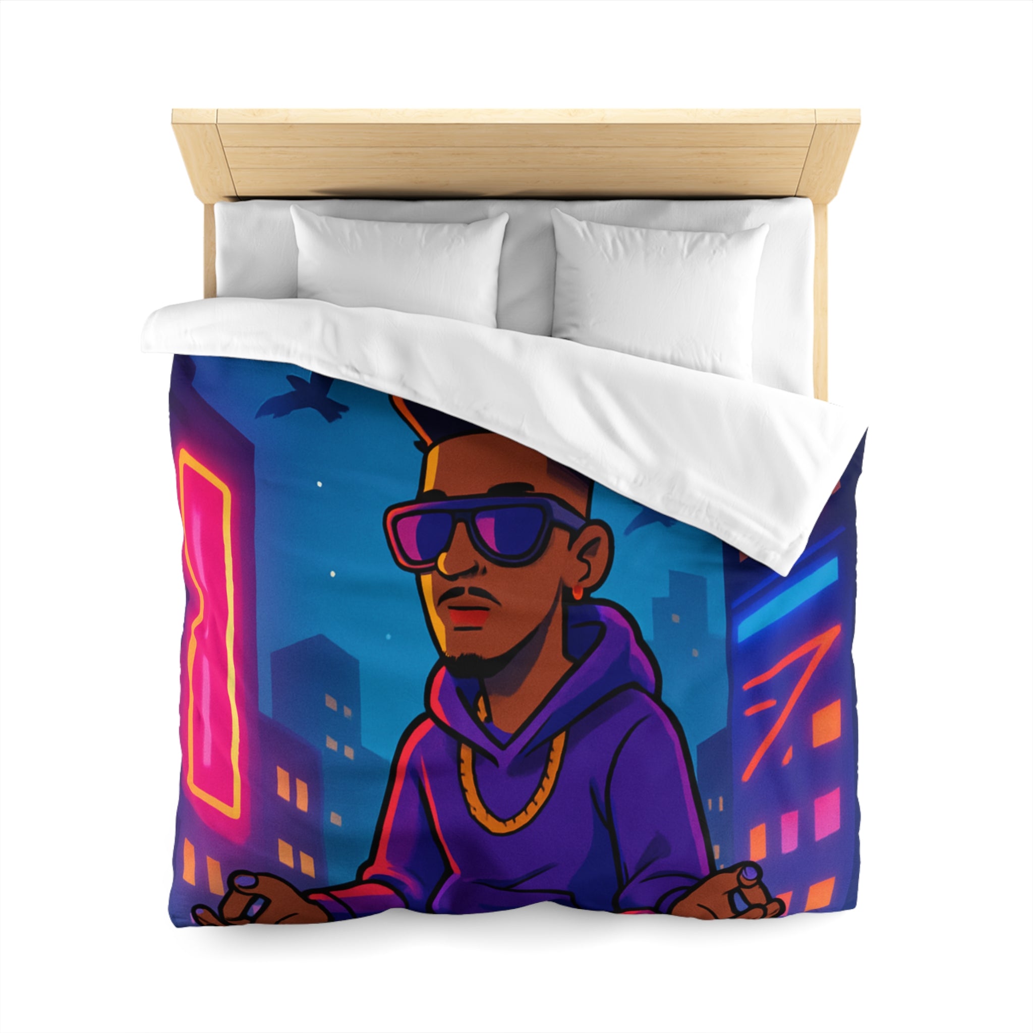 Housse de Couette Représentant Jeune Méditant Sur Toit en Ville, Pleine Lune Derrière