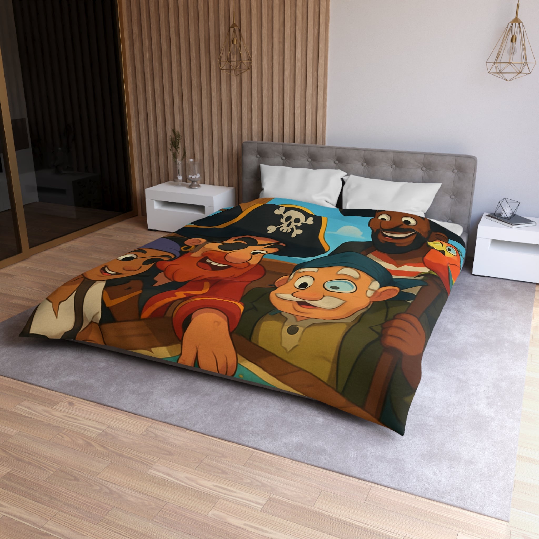 Housse de couette pirate colorée avec carte au trésor et équipage amical joyeux