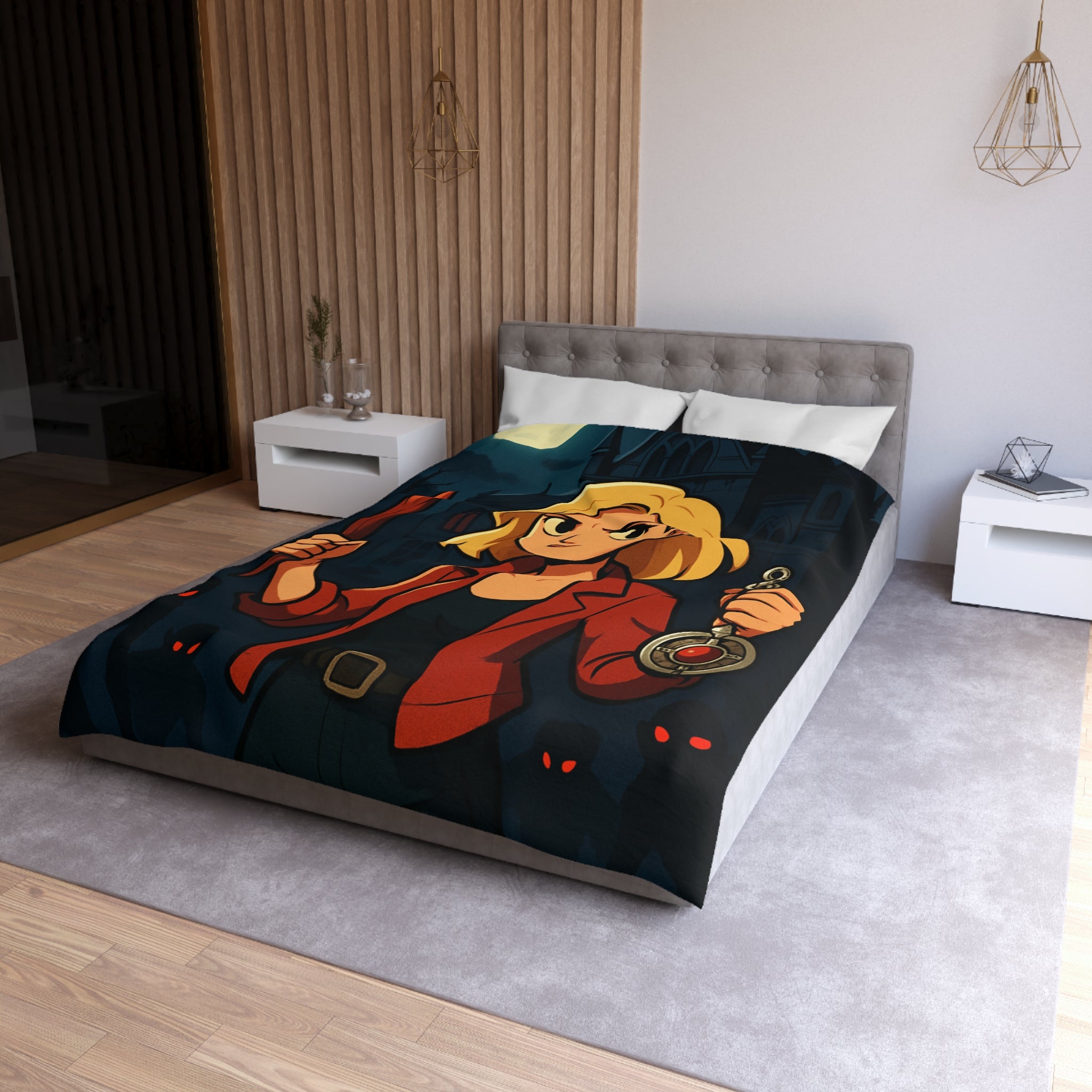 Housse de couette mystérieuse avec scène de château effrayant, pleine lune et silhouette combattive