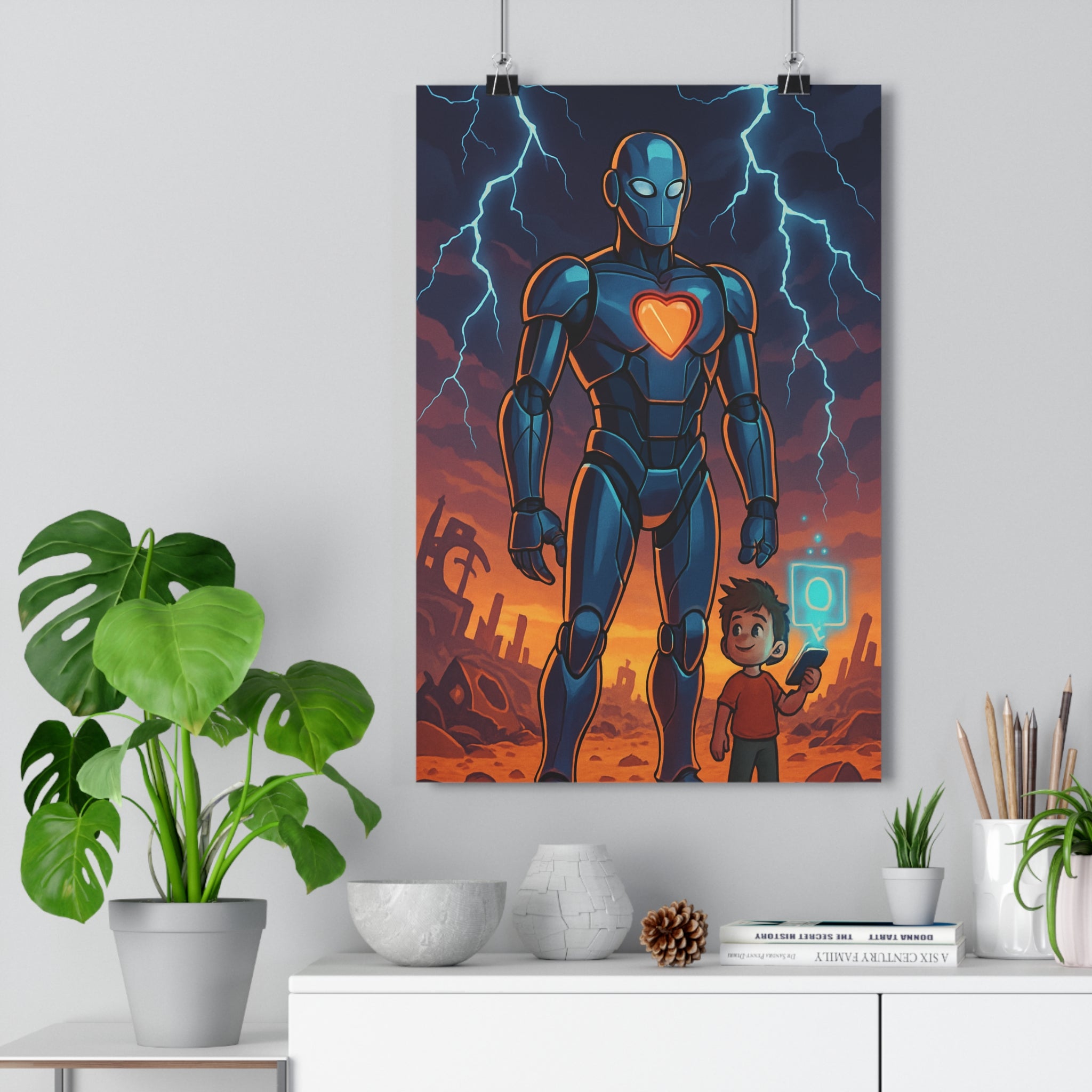 Poster décoratif sciencefiction bleu métallique orageux chambre enfant aventure robot futuriste ambiance lumineuse qualité