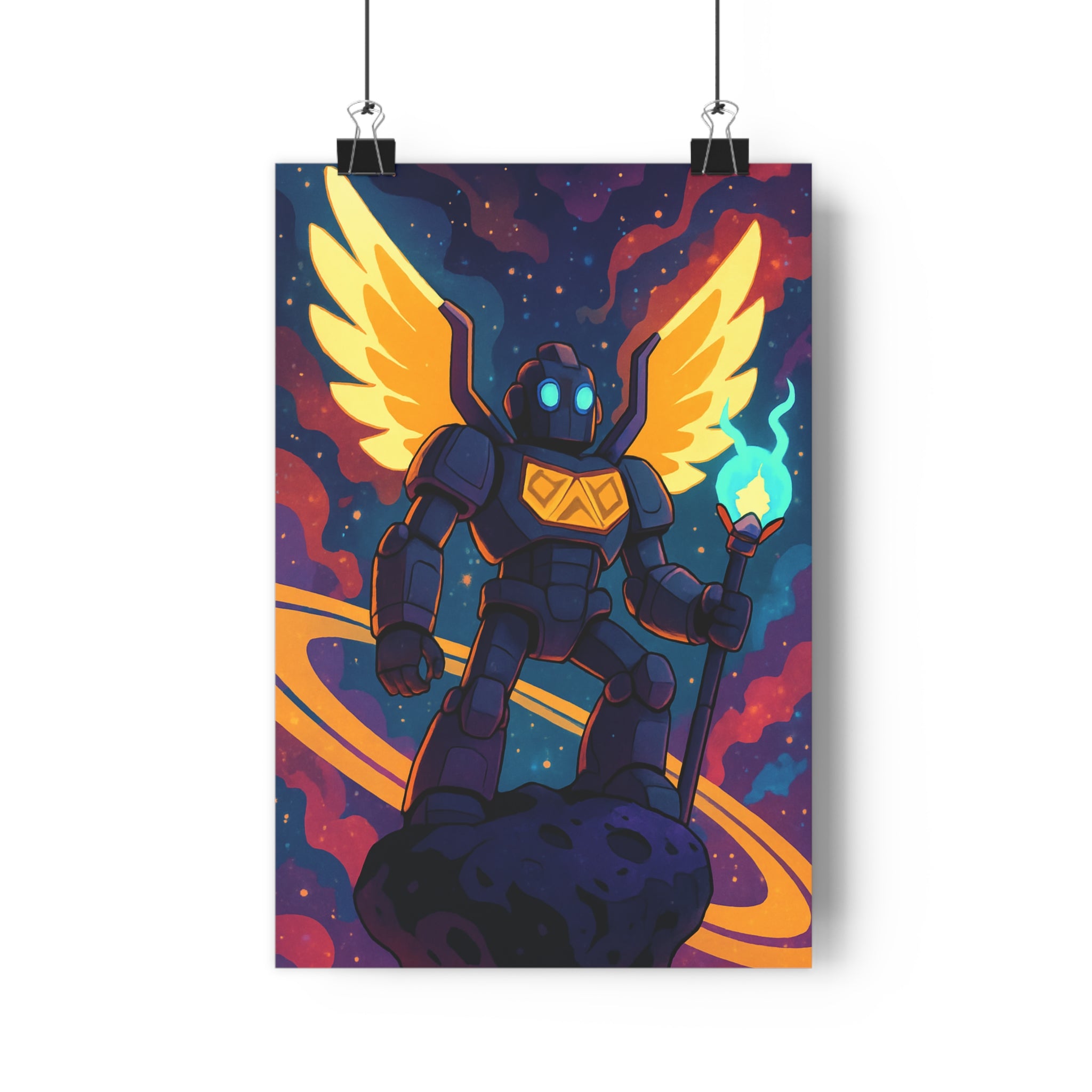 Poster décoratif futuriste or bleu violet mystique enfant chambre cosmos robot ailes lumière qualité