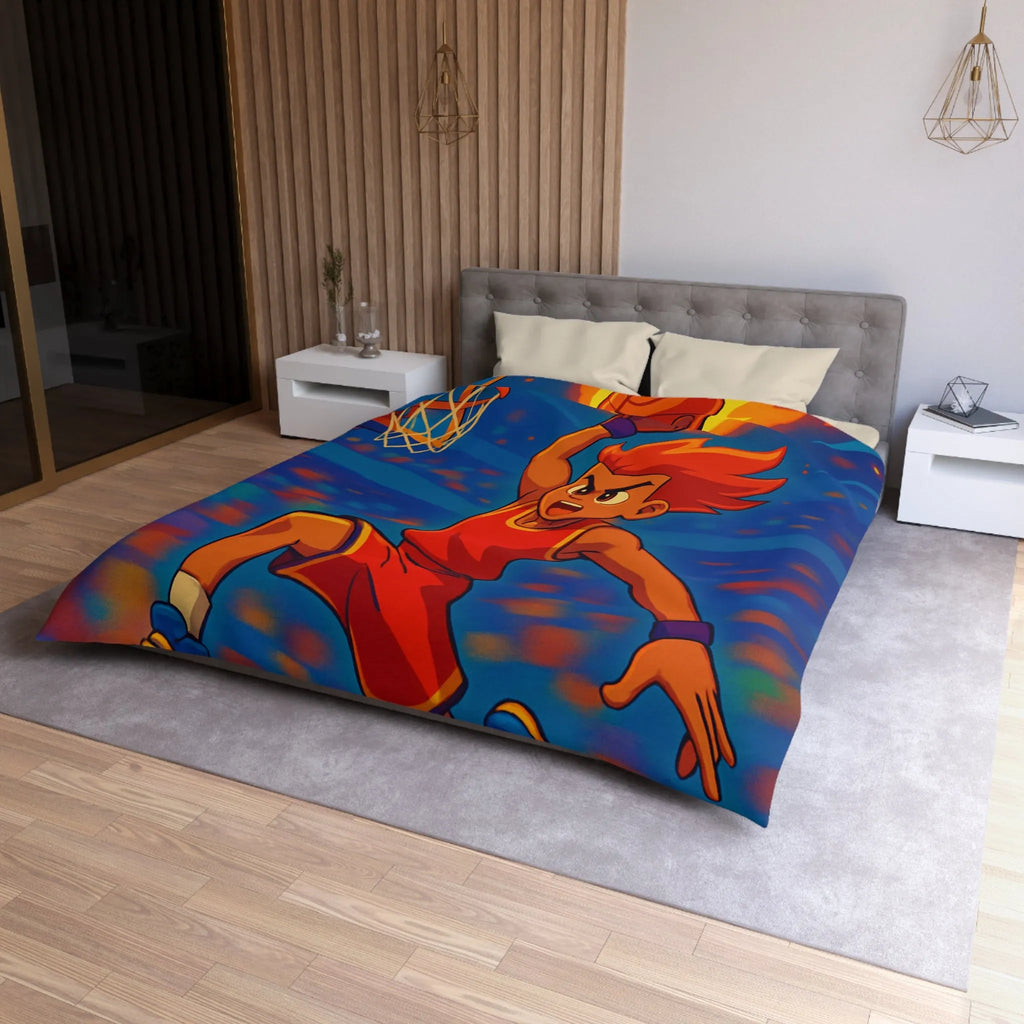 Housse de couette garçon avec joueur de basketball enflammé dans un style animé vibrant