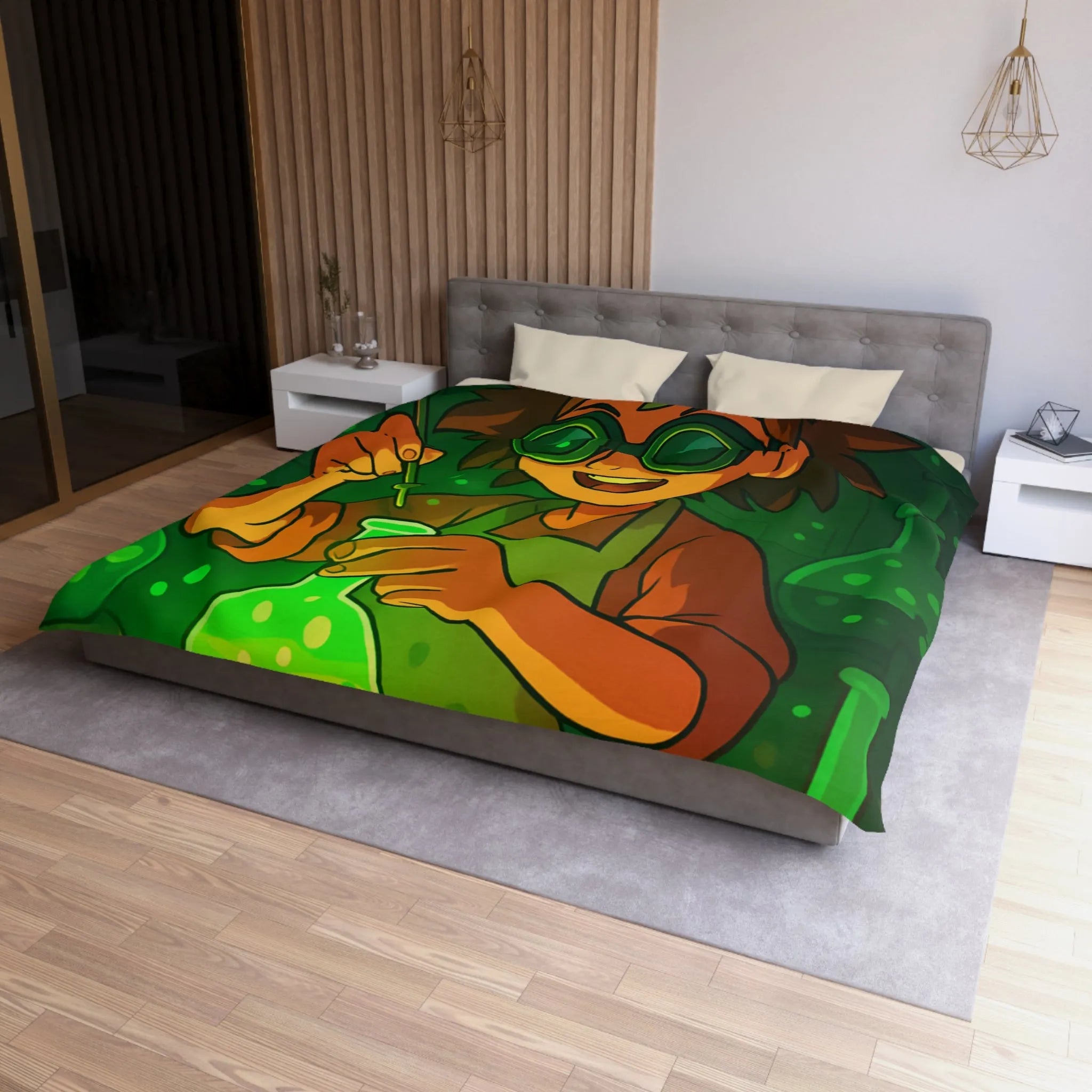 Housse de couette colorée avec un jeune chimiste dans un laboratoire mystérieux et magique