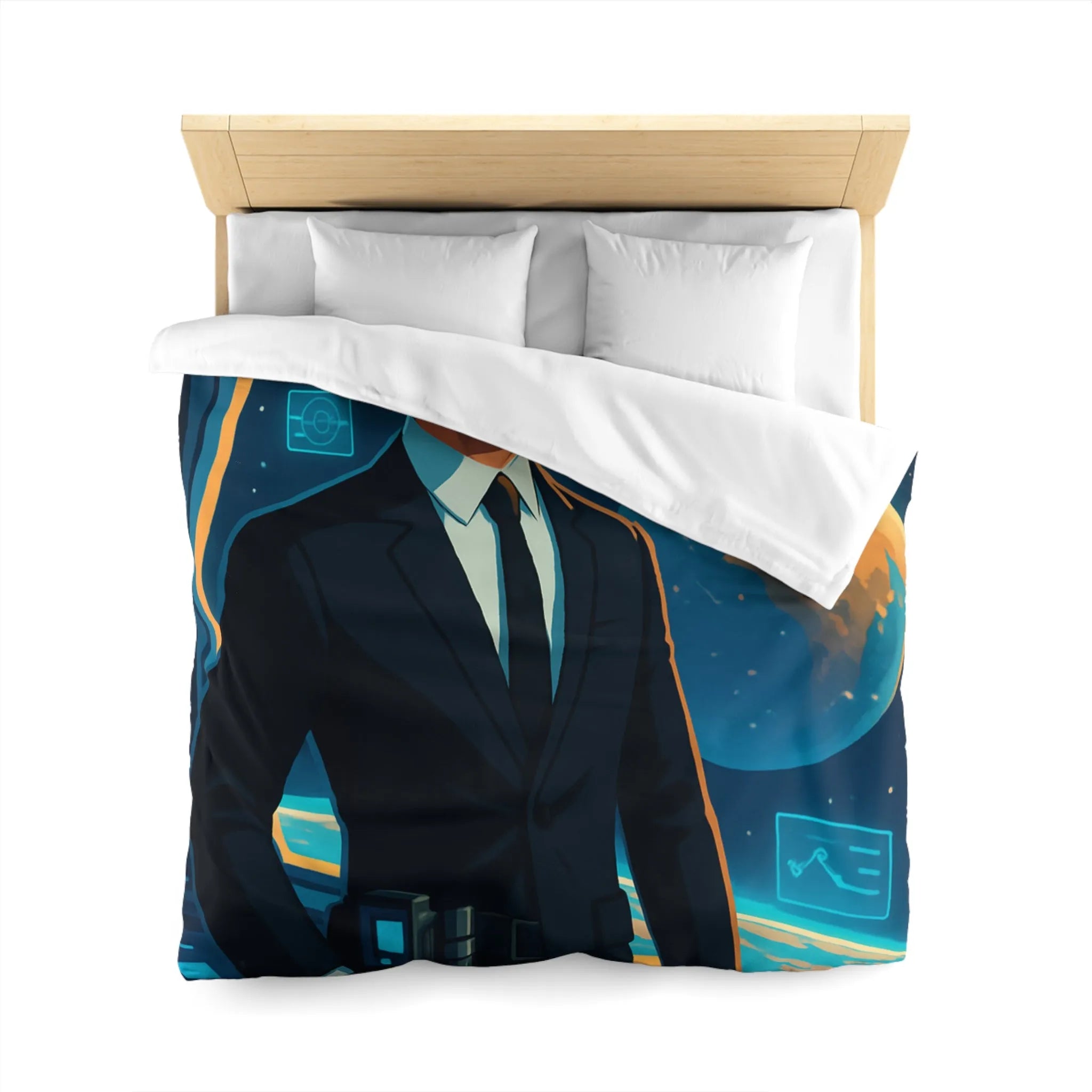 Housse de couette futuriste avec agent spatial et paysages cosmiques numériques immersifs