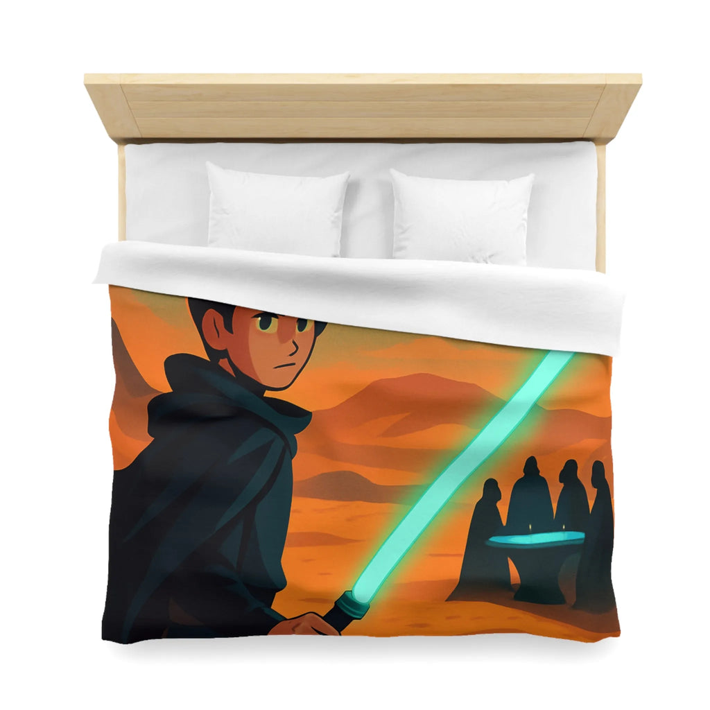 Épique scène de science-fiction avec héros sabre lumineux et vaisseau spatial en arrière-plan