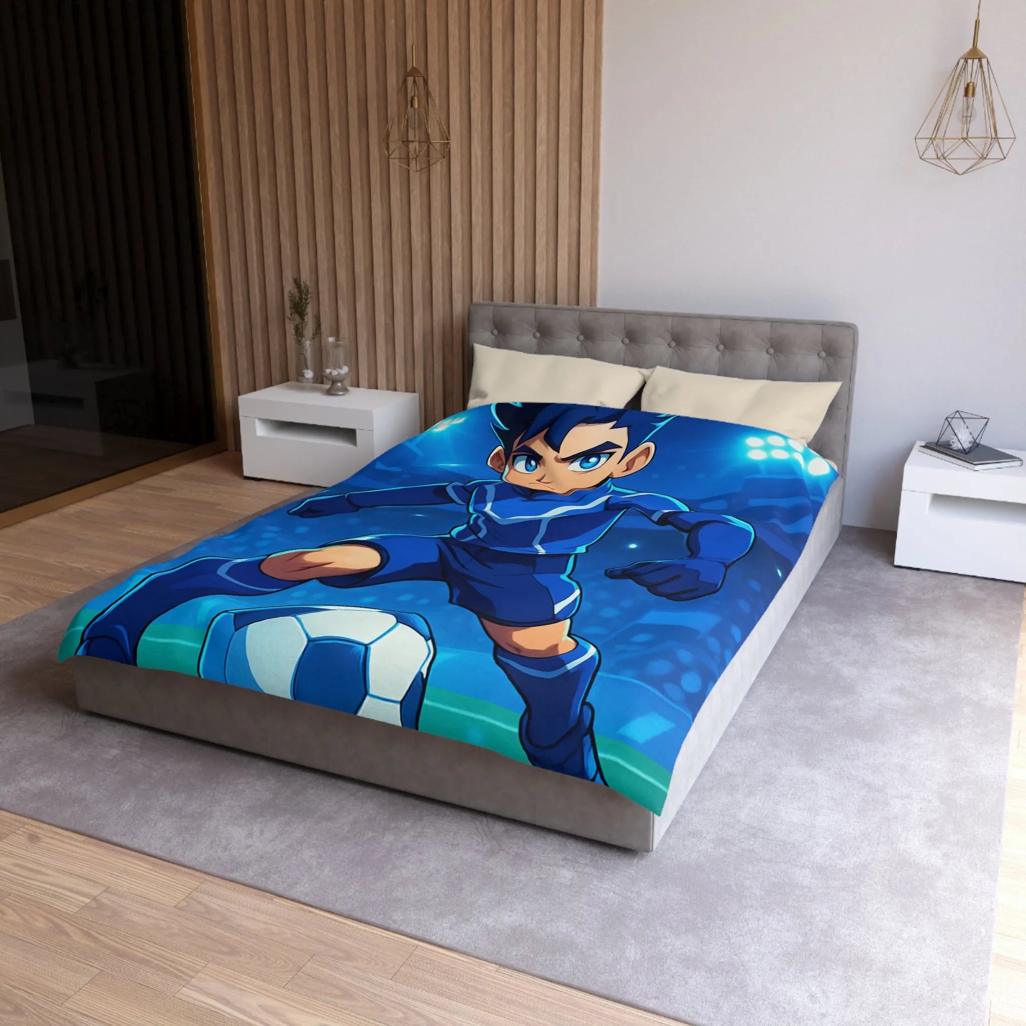 Housse de couette avec joueur de foot animé, style dynamique et lumineux, ambiance sportive