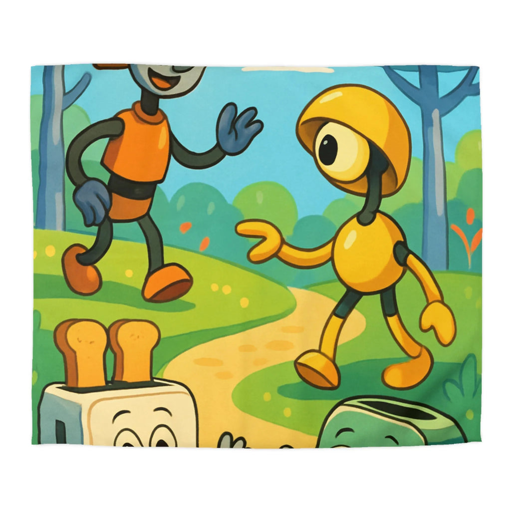 Housse de couette colorée avec robots joyeux et paysage forestier graphique