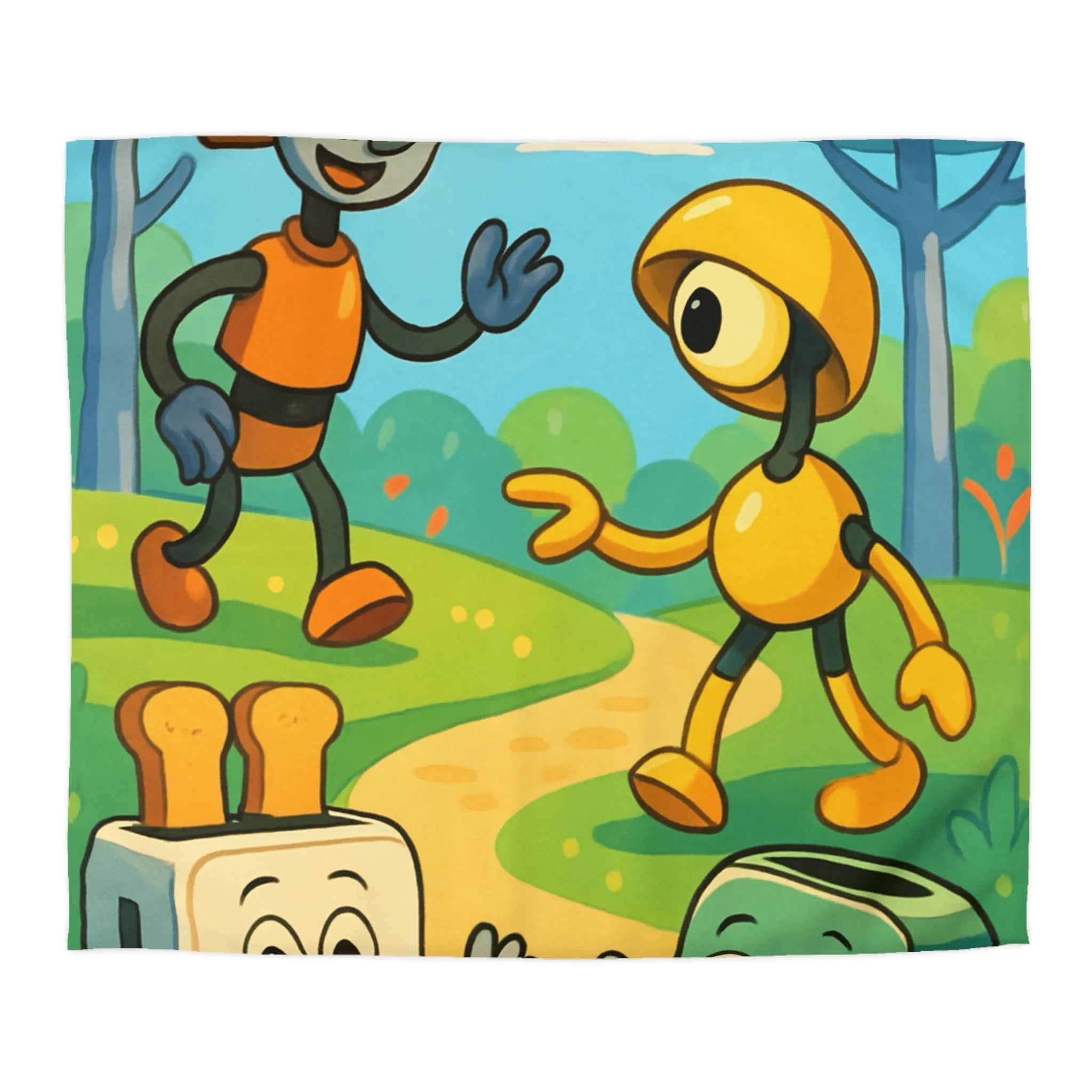 Housse de couette colorée avec robots joyeux et paysage forestier graphique