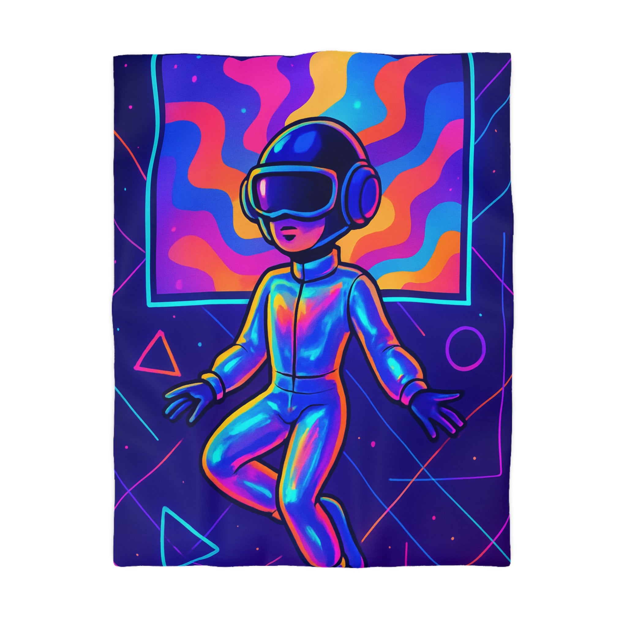 Housse de Couette Surréaliste avec Cosmonautes et Vagues Multicolores en Arrière-Plan