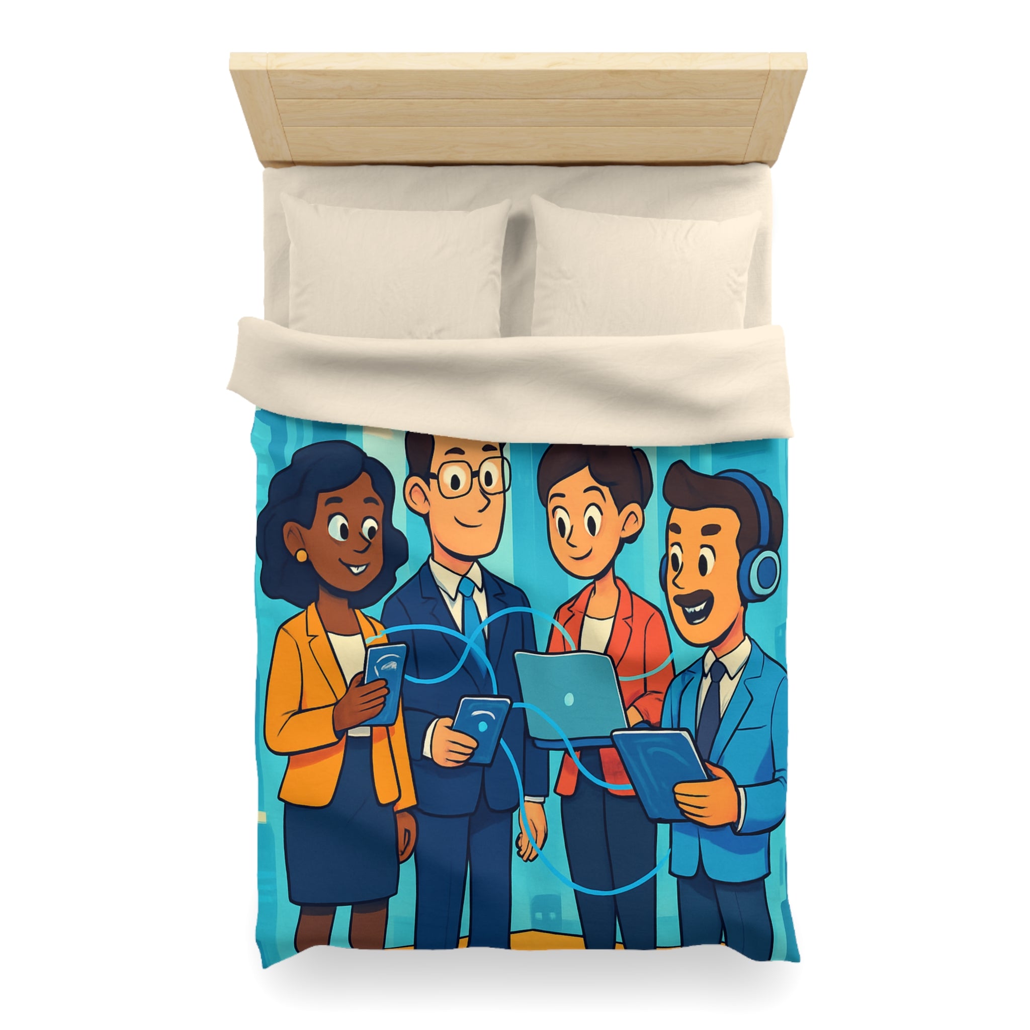 Housse de couette moderne illustrant équipe collaborative en milieu urbain technologique