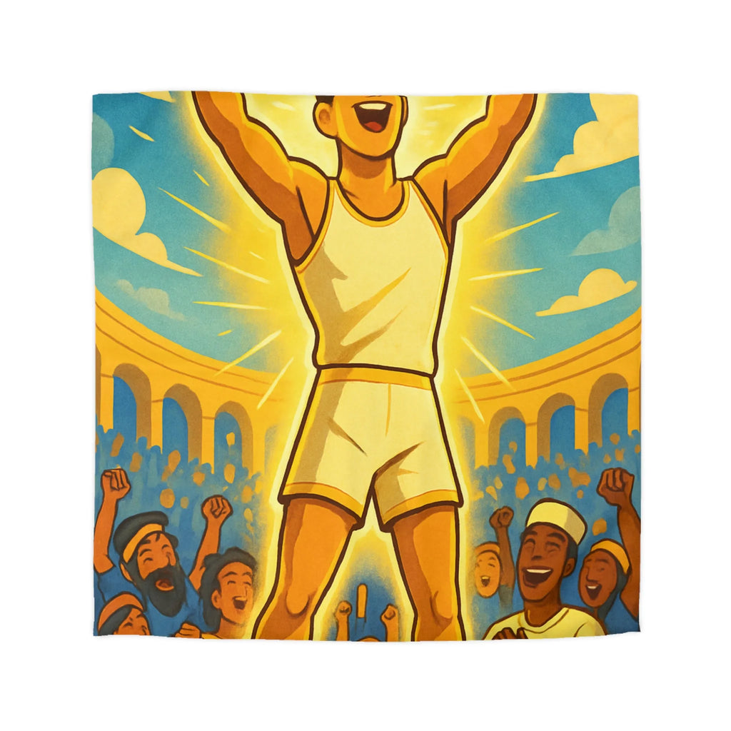 Housse de couette lumineuse avec athlète triomphant dans une arène ensoleillée vibrante