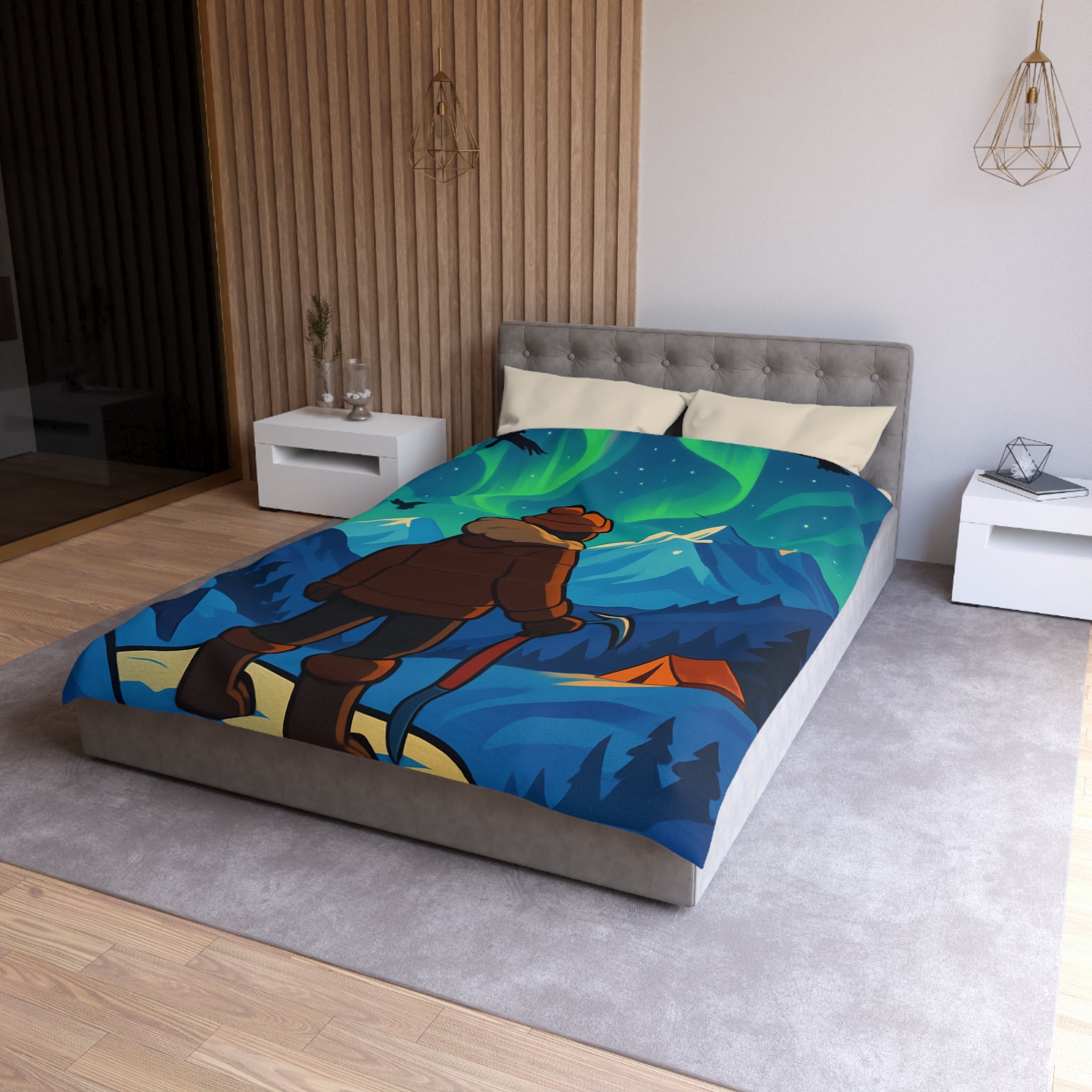Housse de couette montagne avec aurore boréale, explorateur et tente lumineuse