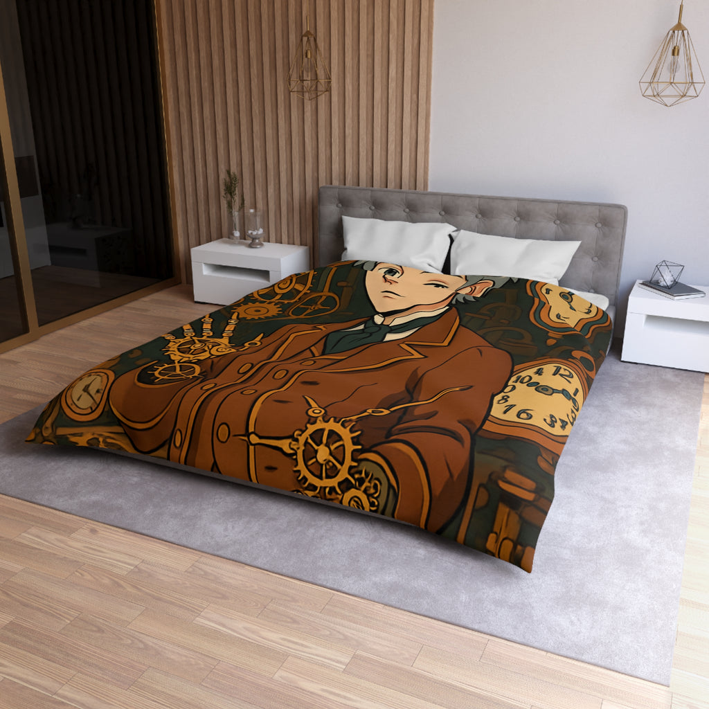 Housse de couette steampunk avec horloges et personnage stylé en tenue victorienne