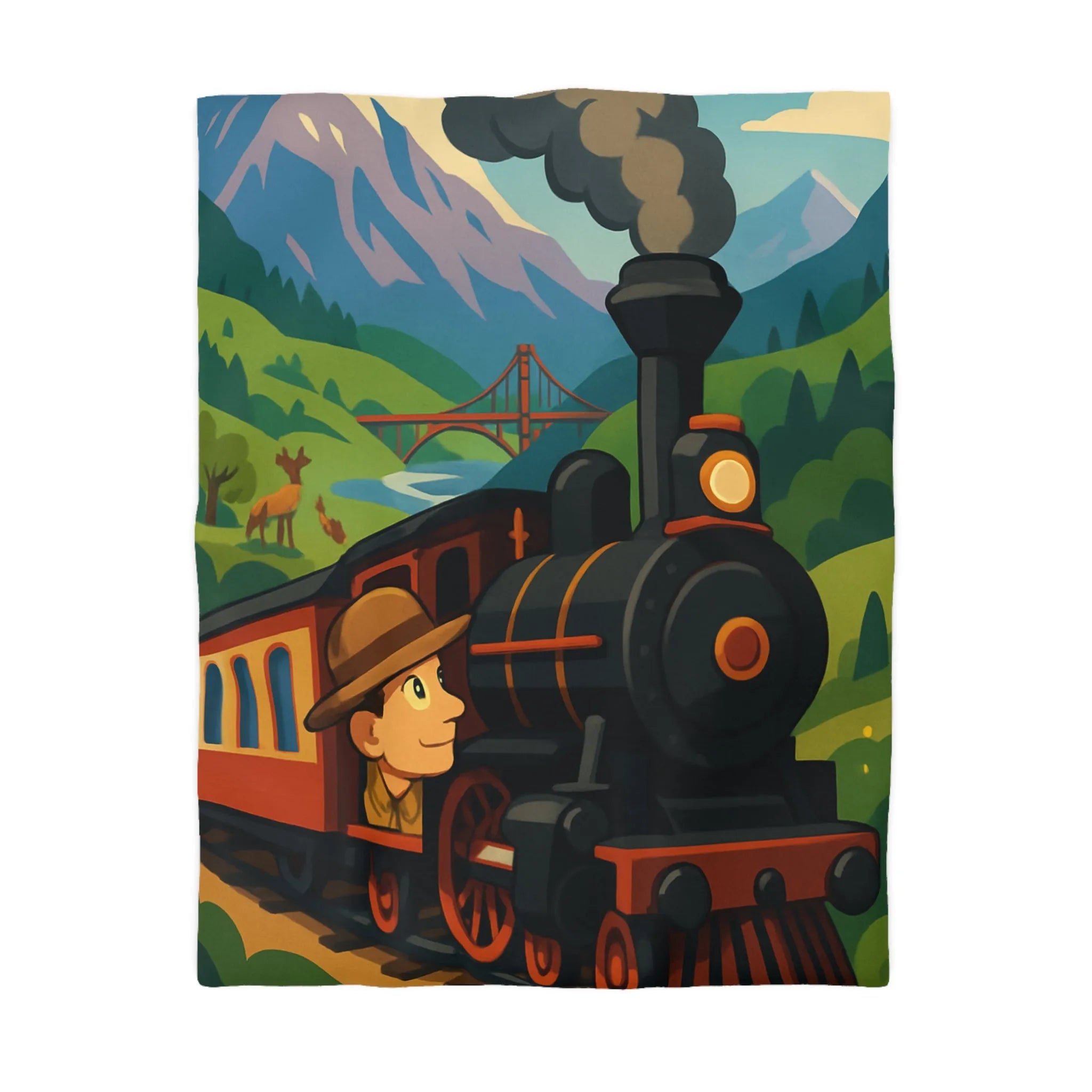 Housse de couette colorée avec train vintage, montagnes et paysage naturel pittoresque