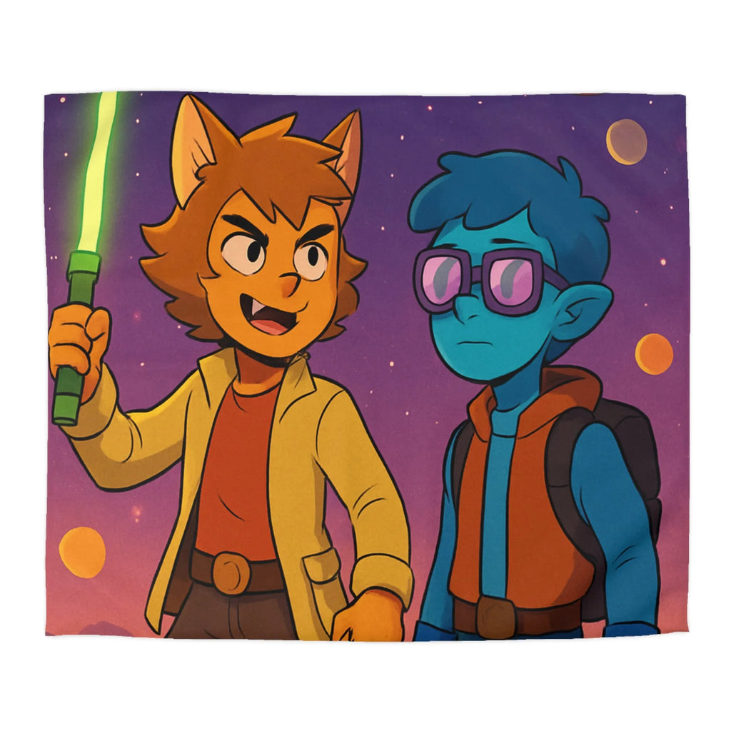 Housse de couette avec deux personnages dans l'espace, ambiance rétro futuriste colorée