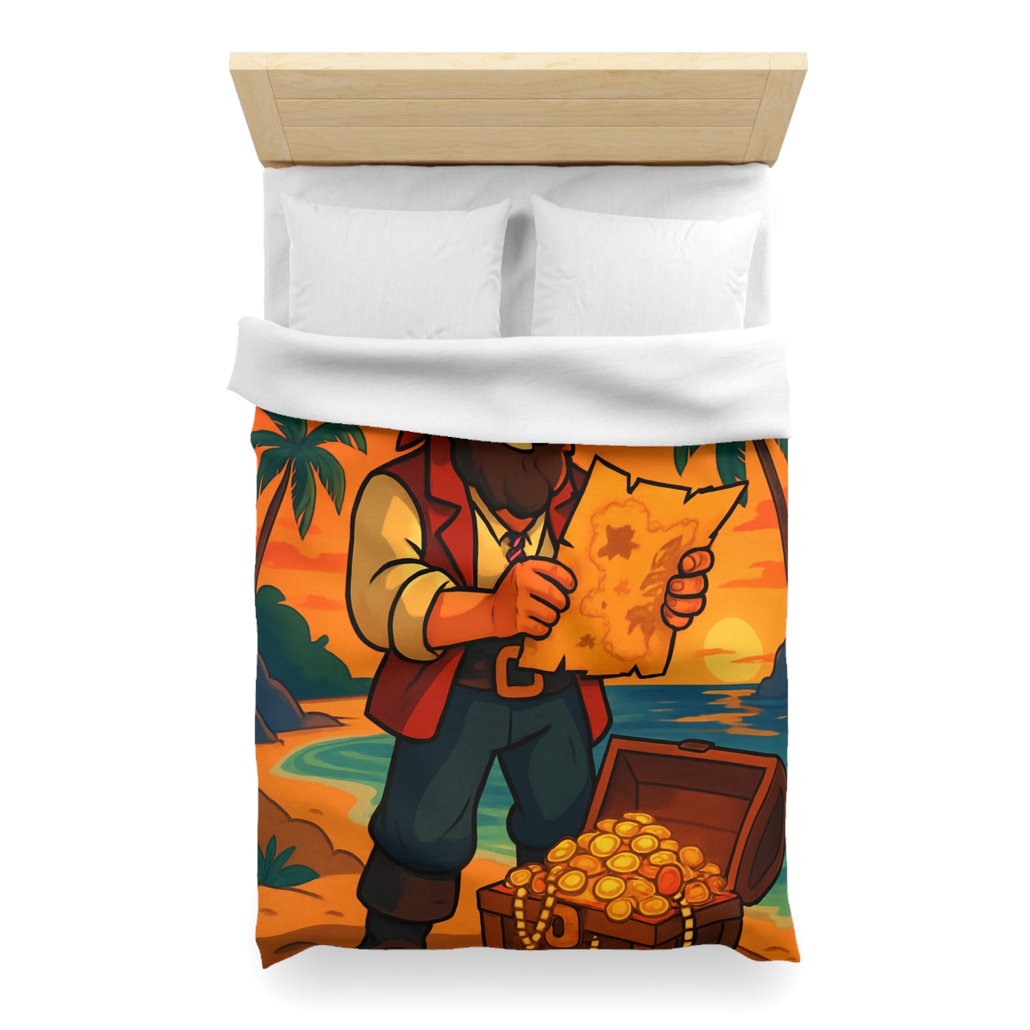 Housse de couette pirate avec coffre au trésor, carte ancienne et palmiers tropicaux