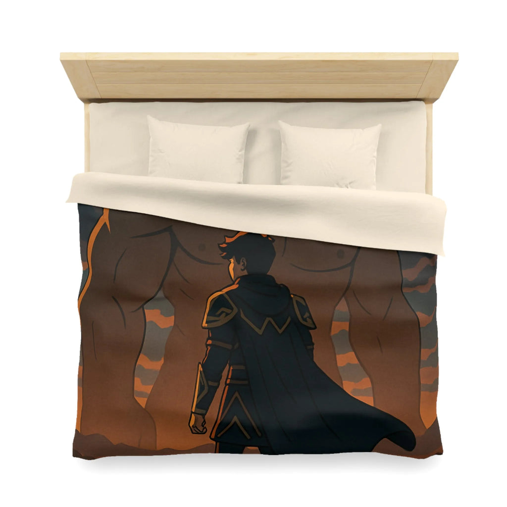 Housse de couette épique avec guerrier et géant sous orage électrique dramatique