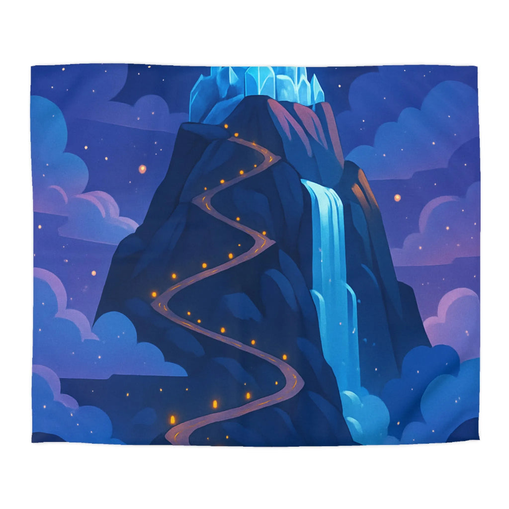 Housse de couette avec château glacé sur montagne illuminée sous ciel étoilé féerique