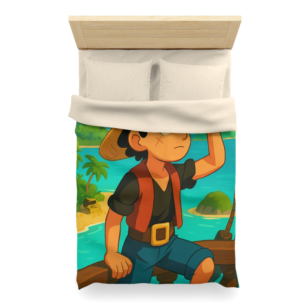 Housse de couette tropicale enfant avec pirate aventurier sur fond d'île paradisiaque