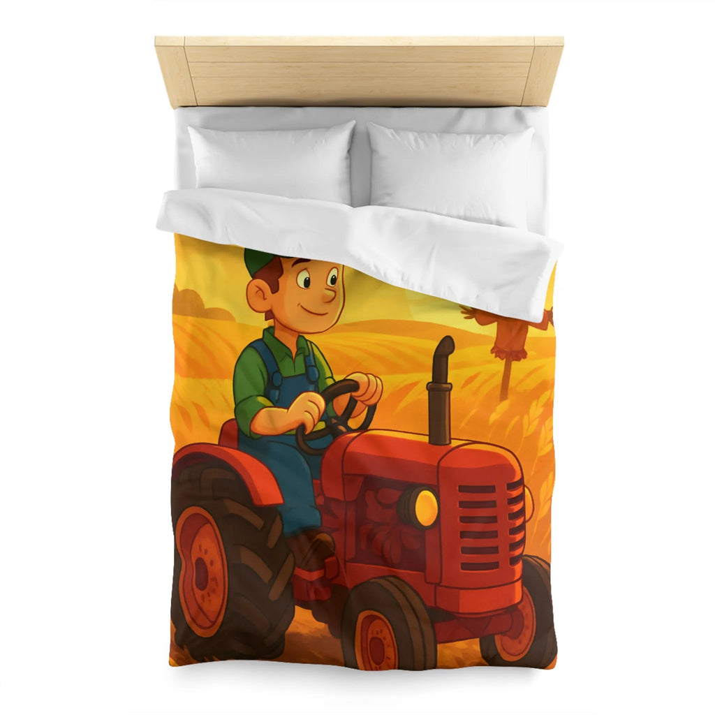 Housse de couette avec motif champêtre : tracteur, épouvantail et champ sous soleil couchant