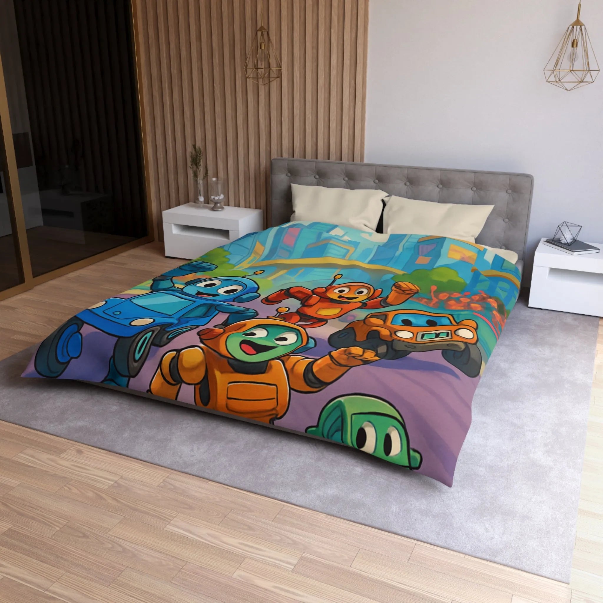 Housse de Couette Animée avec Robots Joyeux et Ville Futuriste pour Enfants