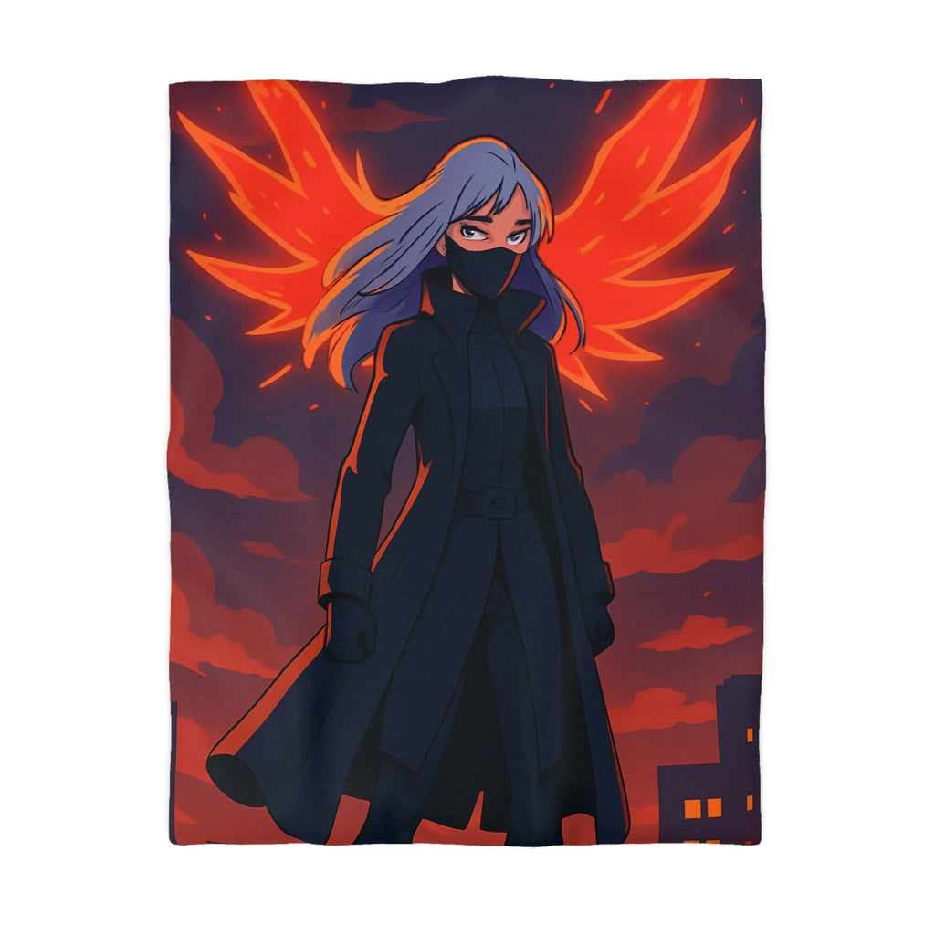 Housse de Couette Gothique avec Figure Angélique Ailée et Ville Enflammée Stylisée