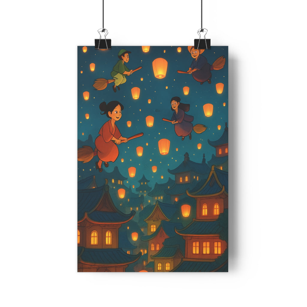 Poster décoratif mystique ville nocturne lumineux lanternes bleues chaudes salon chambre aventure illustration folklore