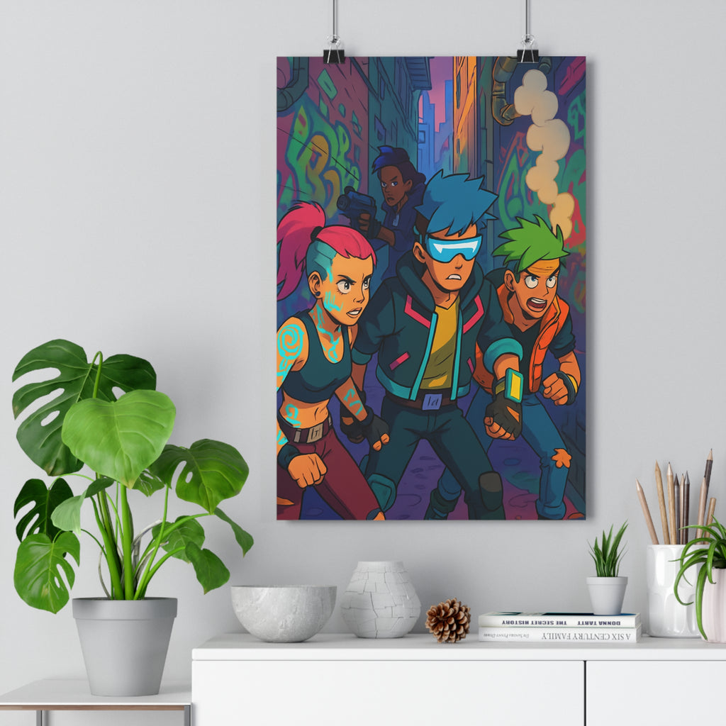 Poster décoratif urbain dystopique dynamique couleurs vives moderne aventure cheveux colorés salon ambiance intense
