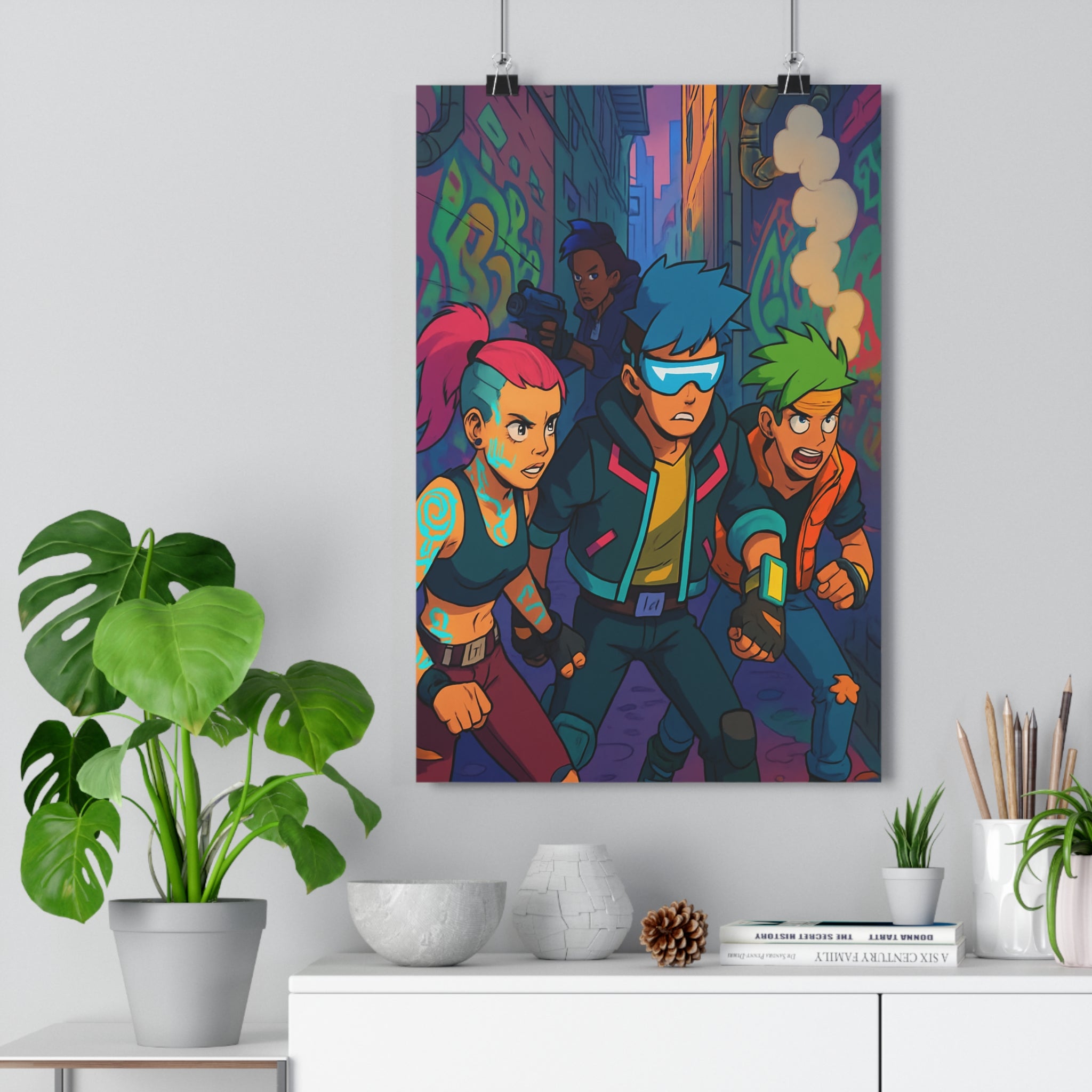 Poster décoratif urbain dystopique dynamique couleurs vives moderne aventure cheveux colorés salon ambiance intense