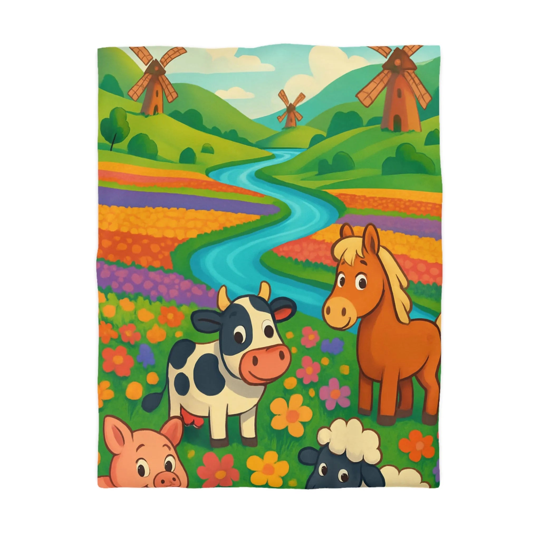 Housse de couette enfantine illustrée animaux de ferme joyeux et paysage champêtre coloré