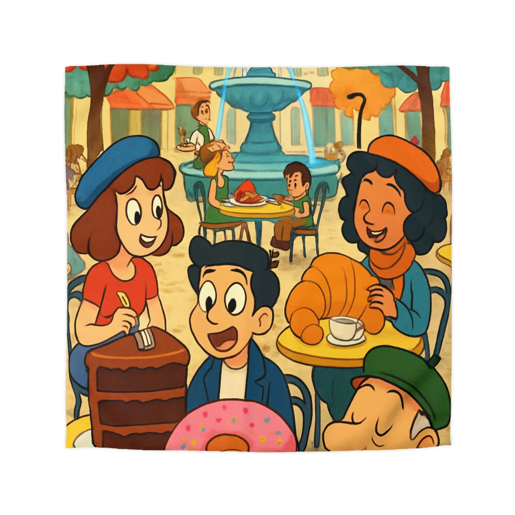 Housse de Couette Illustrée Café Parisien Déjeuner en Plein Air Ambiance Automnale Colorée