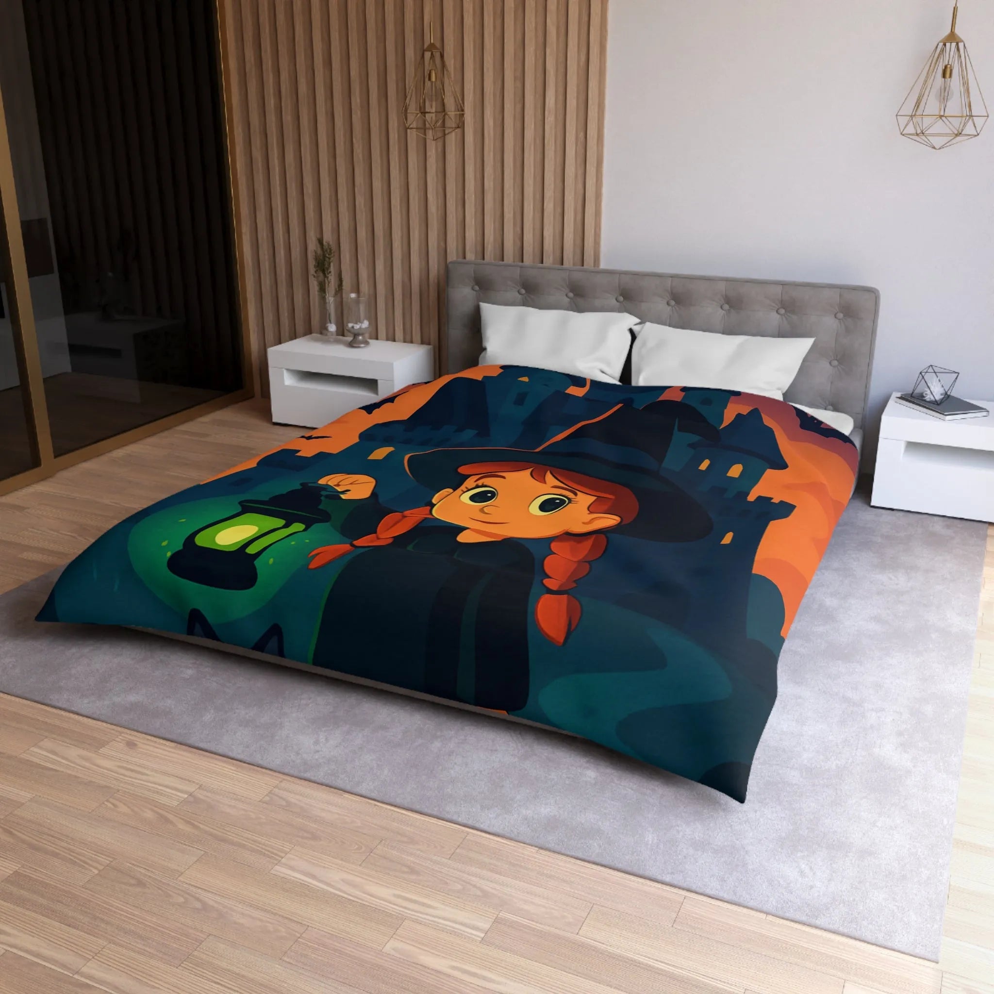 Housse de couette enfant avec sorcière, château, chauves-souris et chat noir