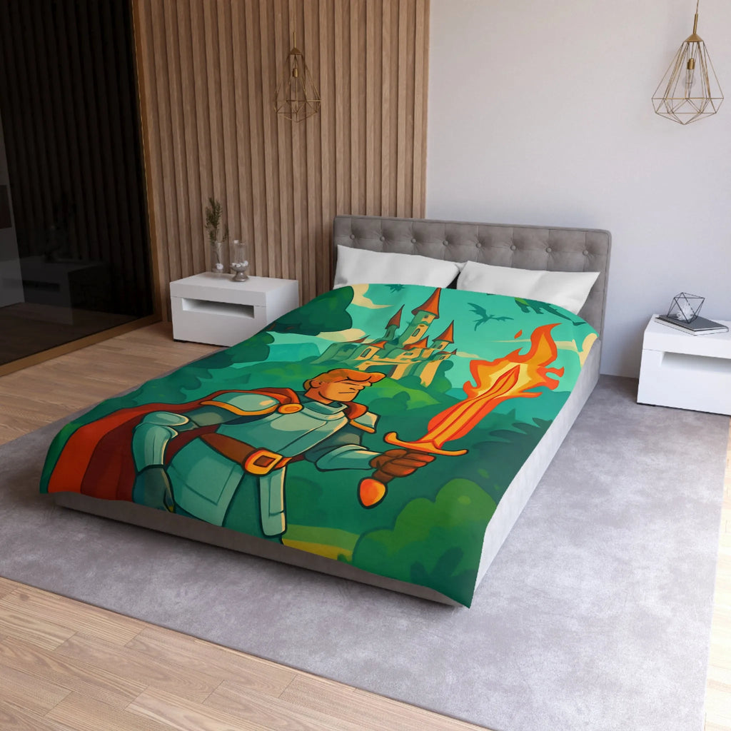 Housse de couette chevalier et dragon, ambiance médiévale fantastique aux couleurs vibrantes