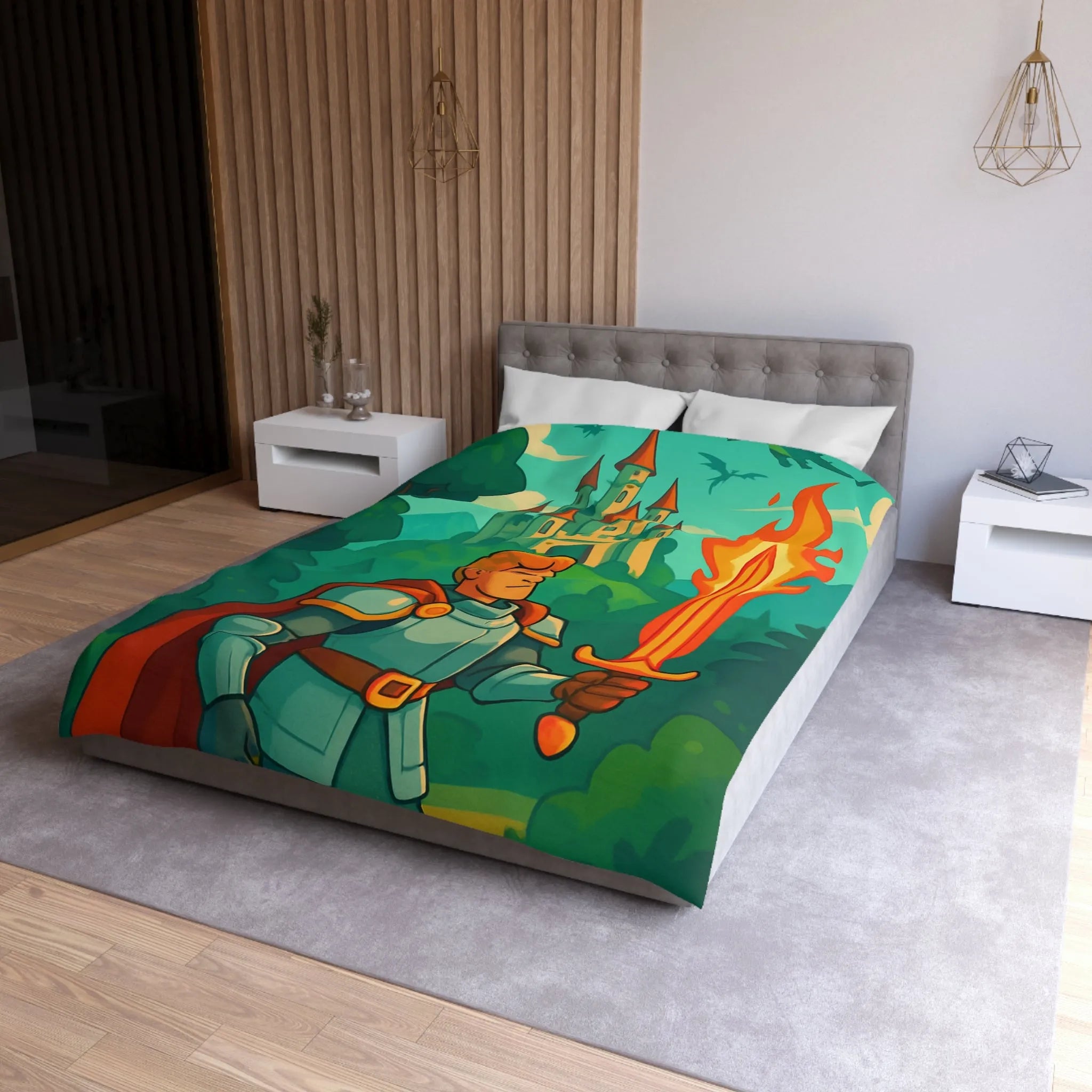 Housse de couette chevalier et dragon, ambiance médiévale fantastique aux couleurs vibrantes
