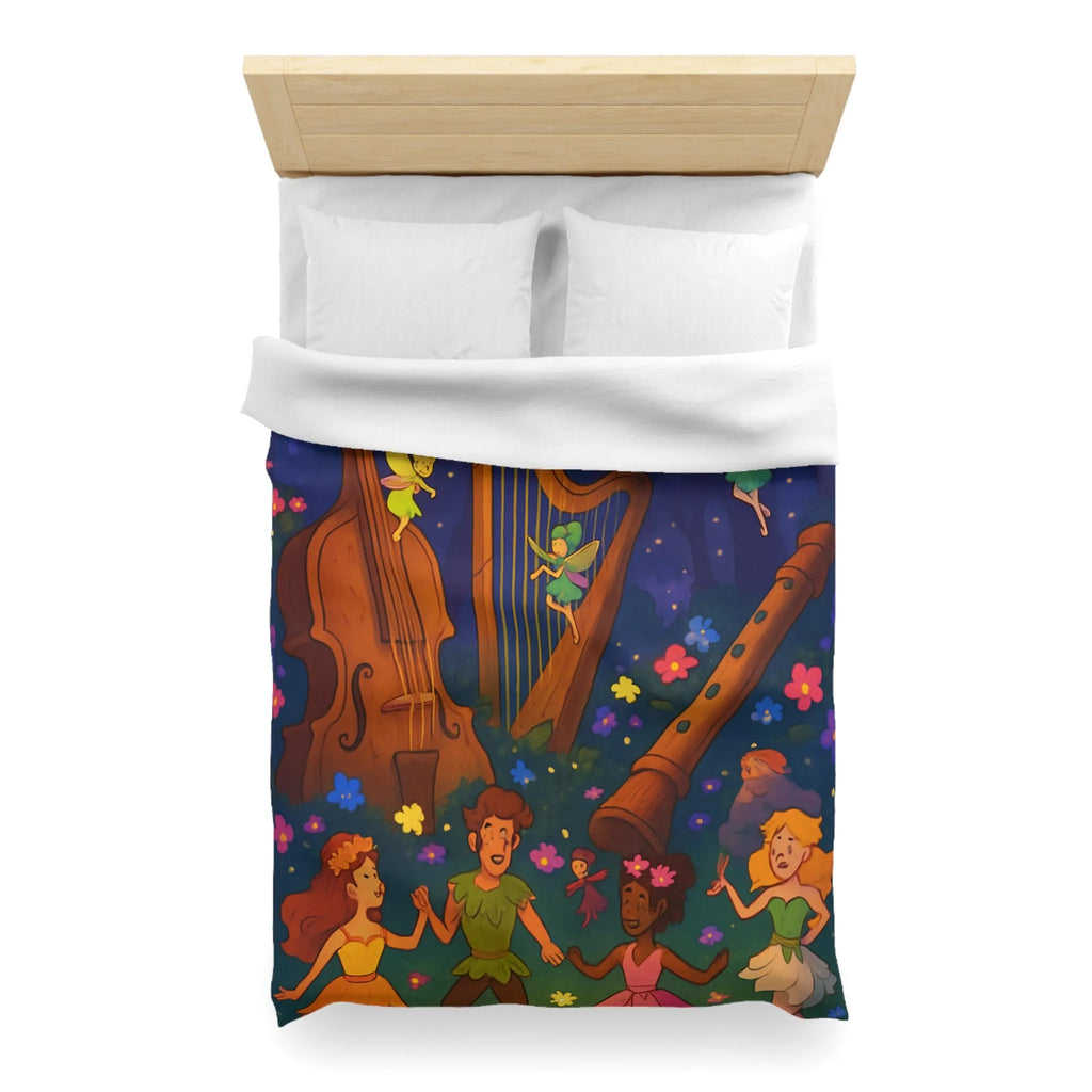 Housse de couette féérique forêt musicale, fées dansant avec fleurs et instruments enchanteurs