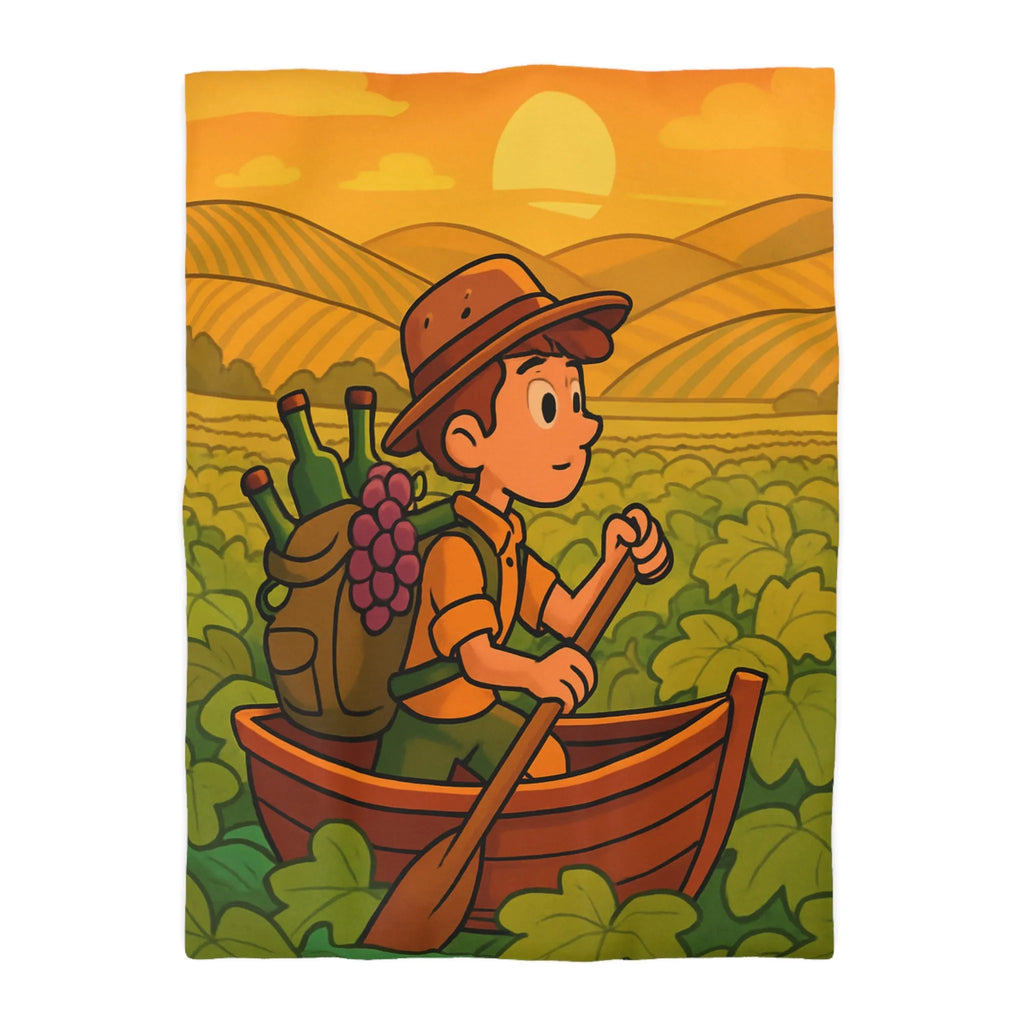 Housse de couette colorée avec paysage de vignoble et enfant en bateau