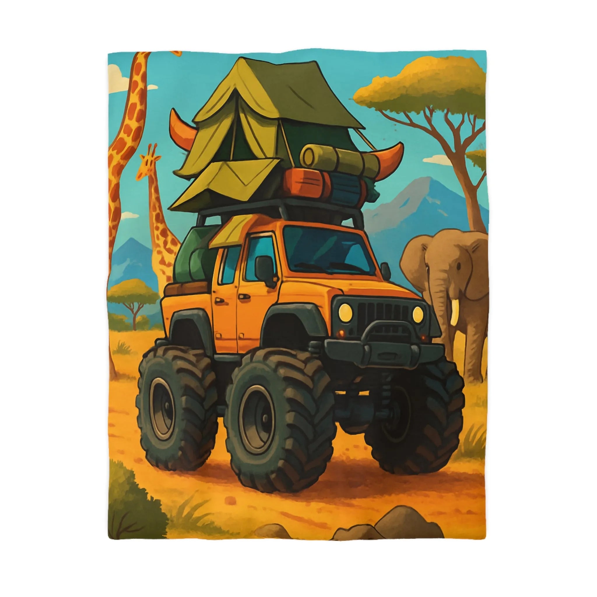 Housse de couette colorée avec véhicule tout-terrain et animaux dans la savane africaine