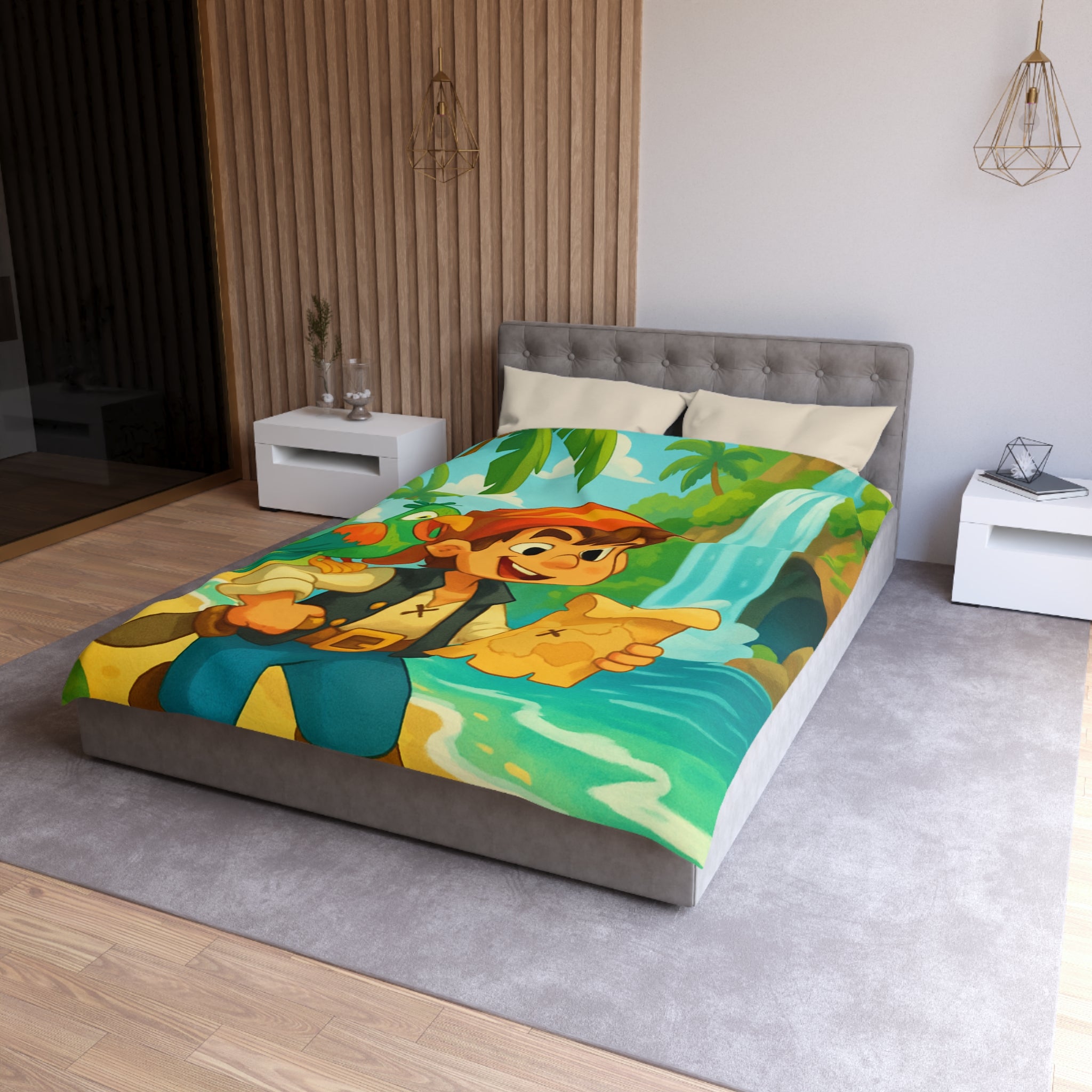 Housse de Couette Pirate Enfantine avec Perroquet, Carte au Trésor, Cascade et Plage