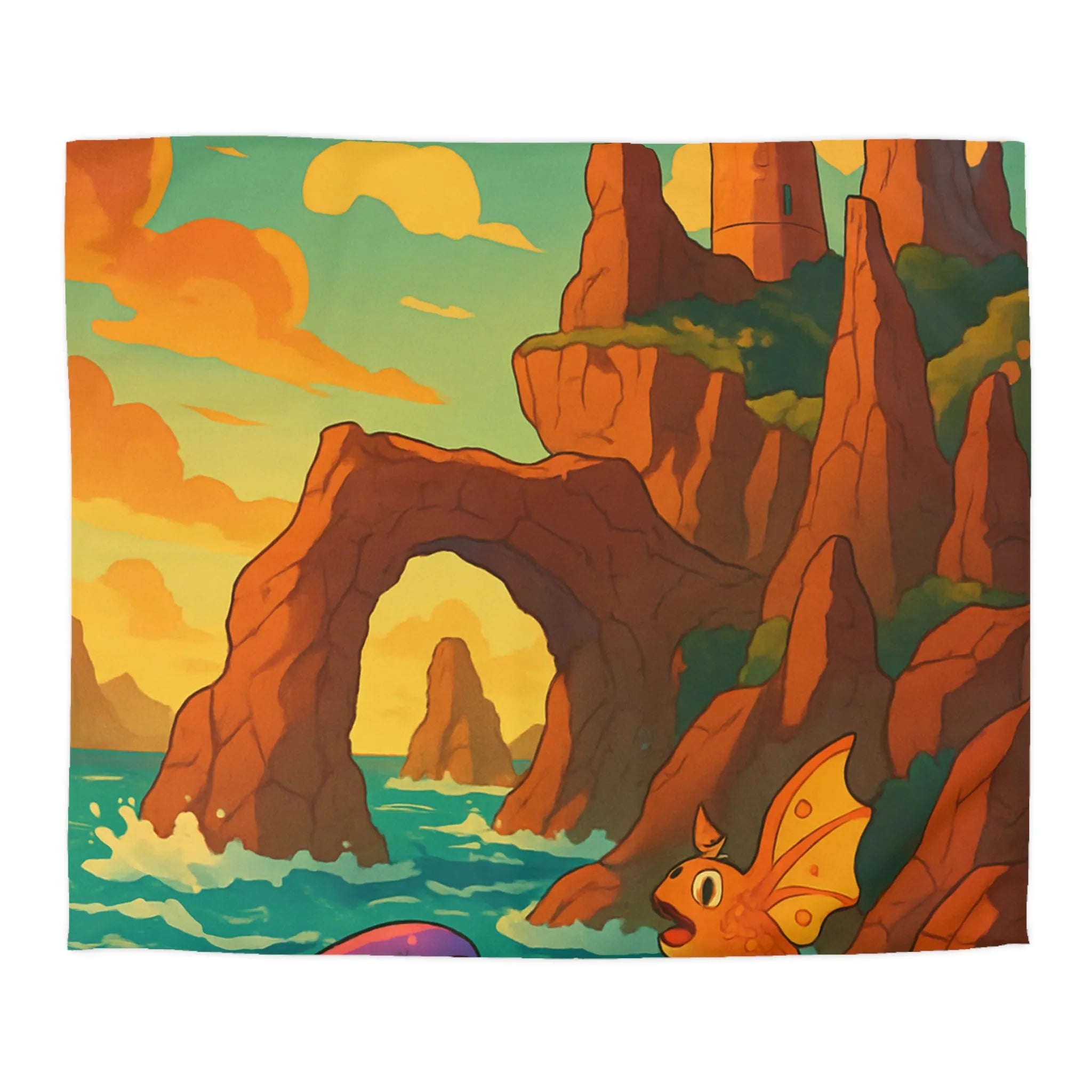 Fantastique peinture de poissons et dauphin avec phare sur fond de mer colorée