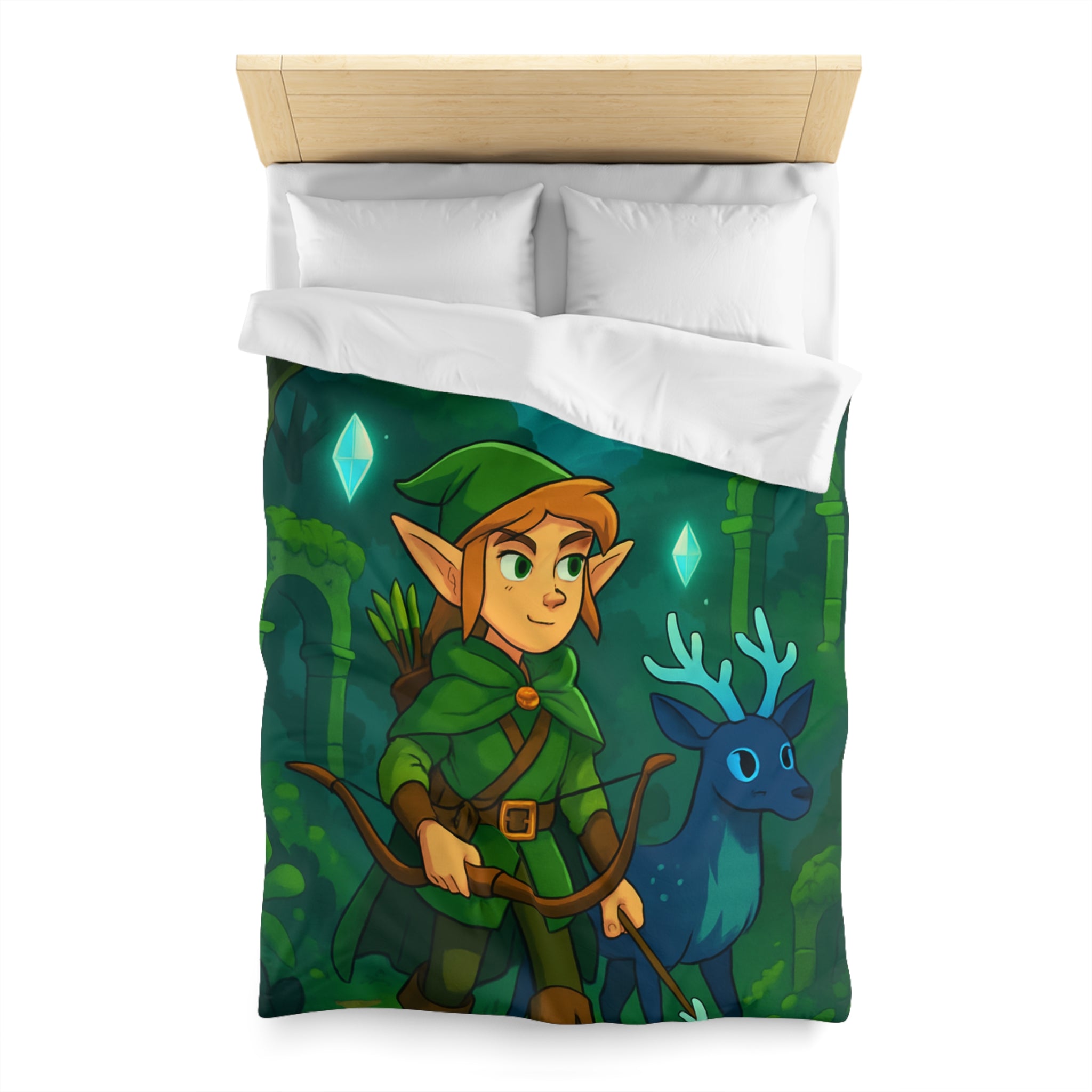 Housse de couette forêt enchantée avec lutin et cerf sous lune brillante