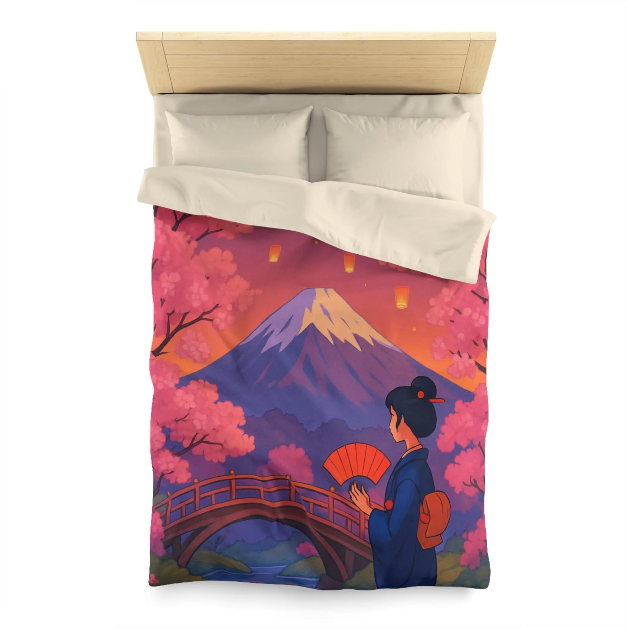 Housse de couette japonaise avec cerisiers, lanterne et vue sur le Mont Fuji