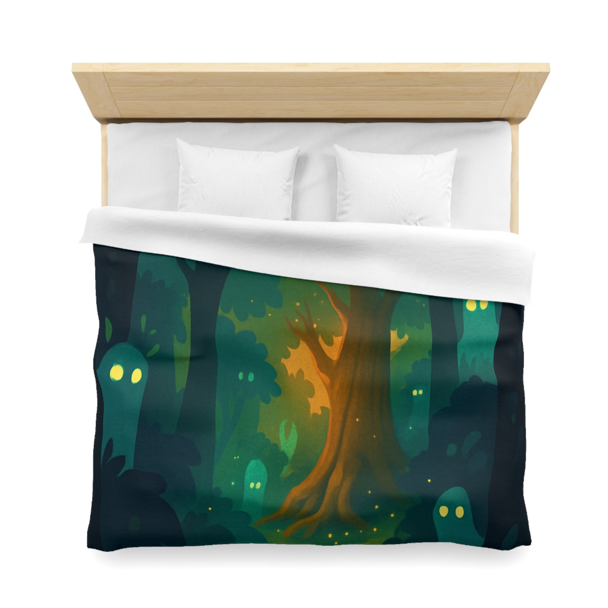 Housse de couette mystérieuse forêt enchantée avec esprits lumineux et sentier sinueux