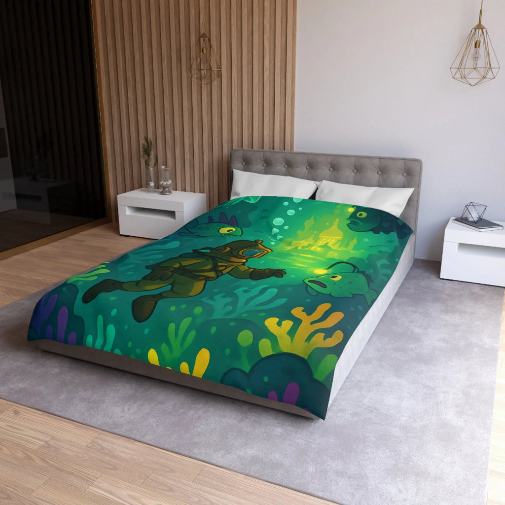 Décor de lit avec scaphandrier et poissons lumineux dans une cité sous-marine fantastique
