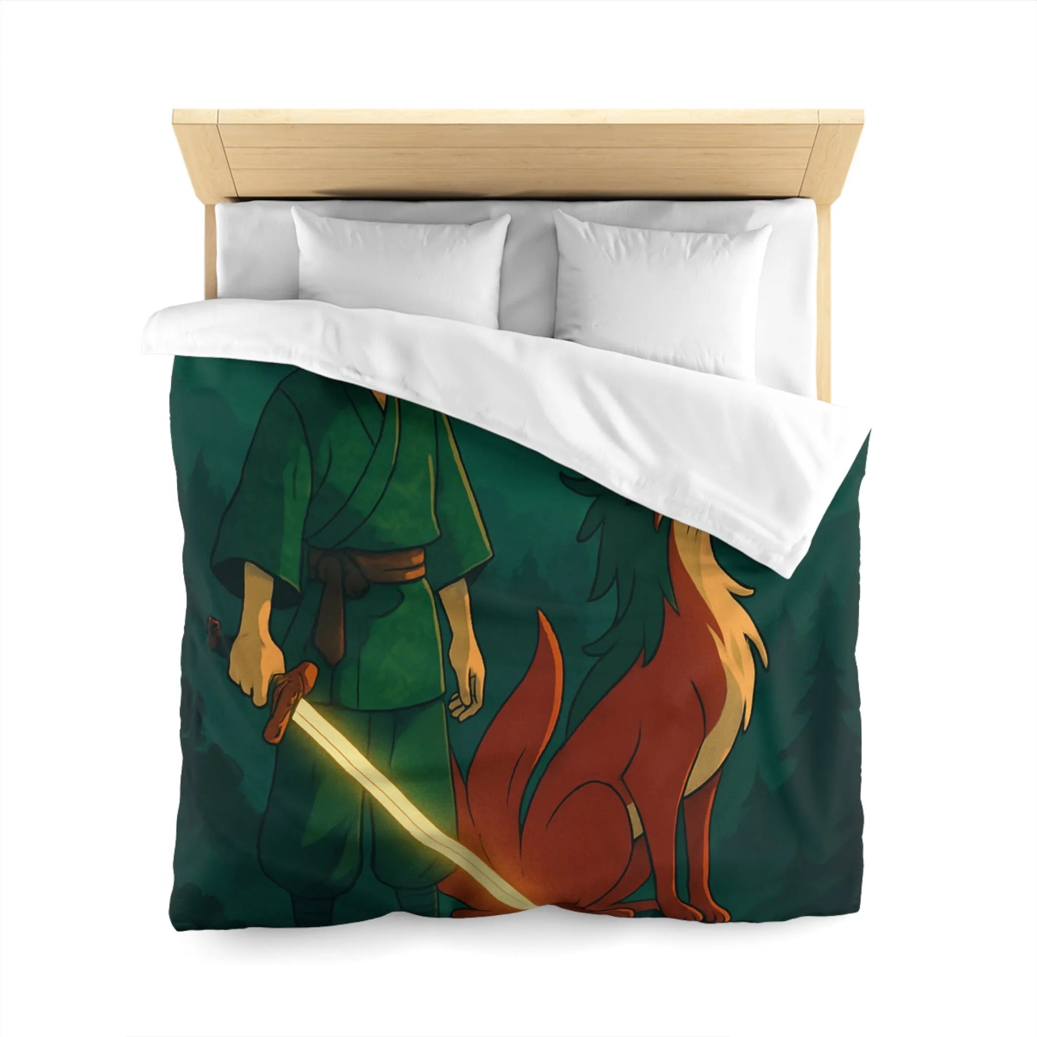 Housse de couette épique avec lune rouge, scène mystique et créature légendaire